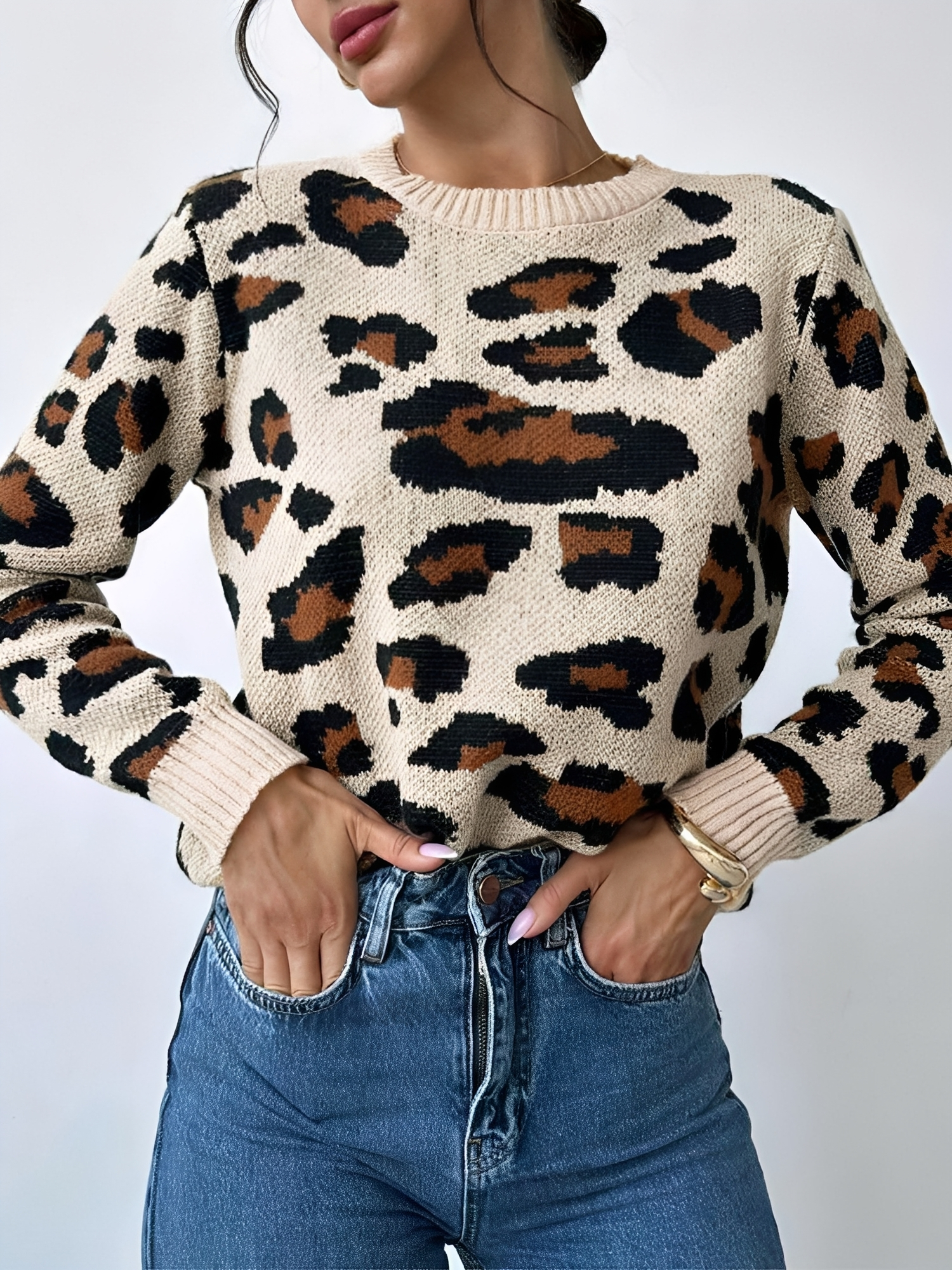 Crew Neck Casual Leopard Print Pullover Sweater Leopard/XS
