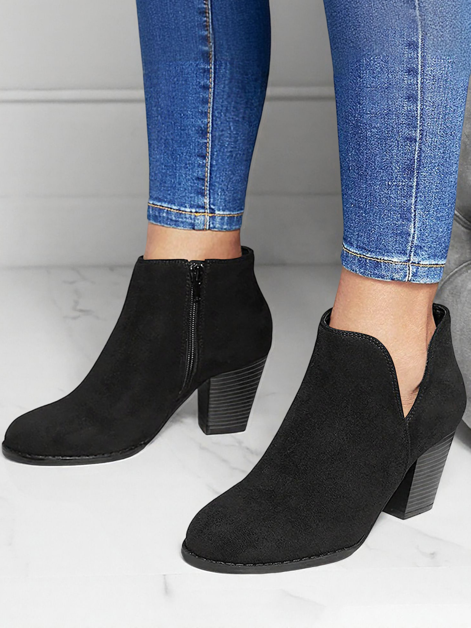 Round Toe Faux Suede Thick Heel Ankle Boots Black/8.5