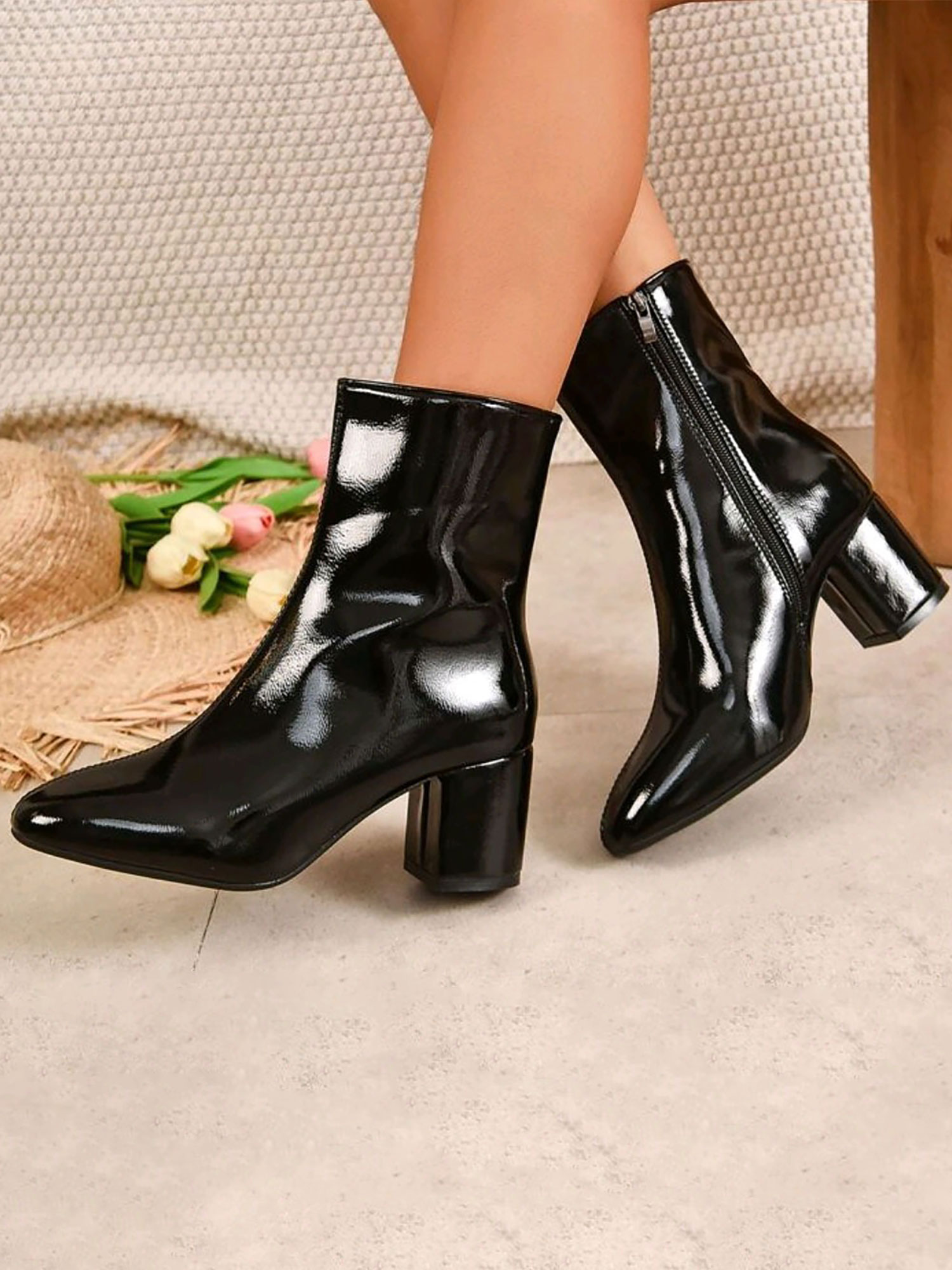 Square Toe Side Zipper Thick Heels Ankle Boots Black/6.5