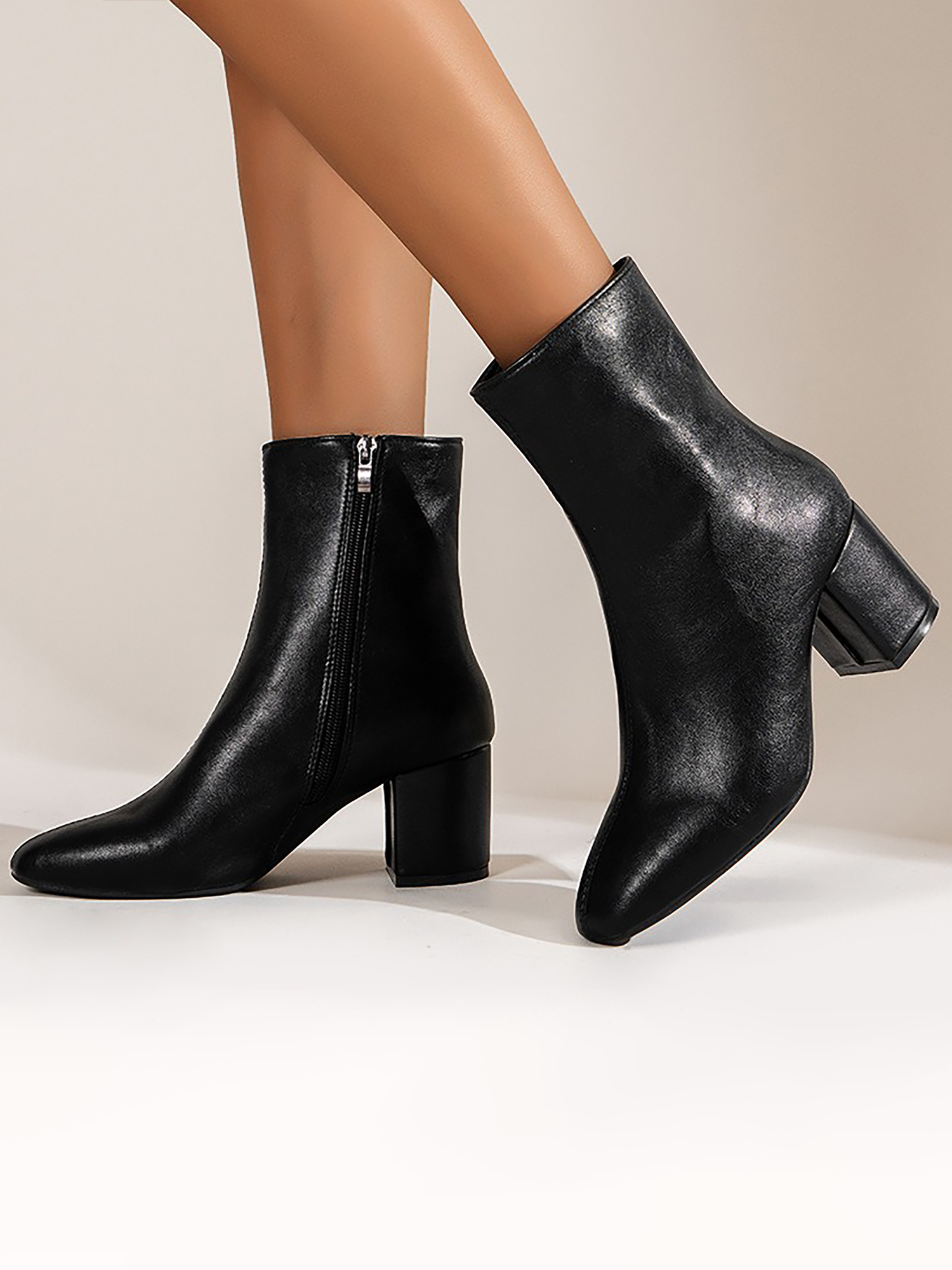 Faux Leather Square Toe Side Zipper Ankle Boots Black/7.5