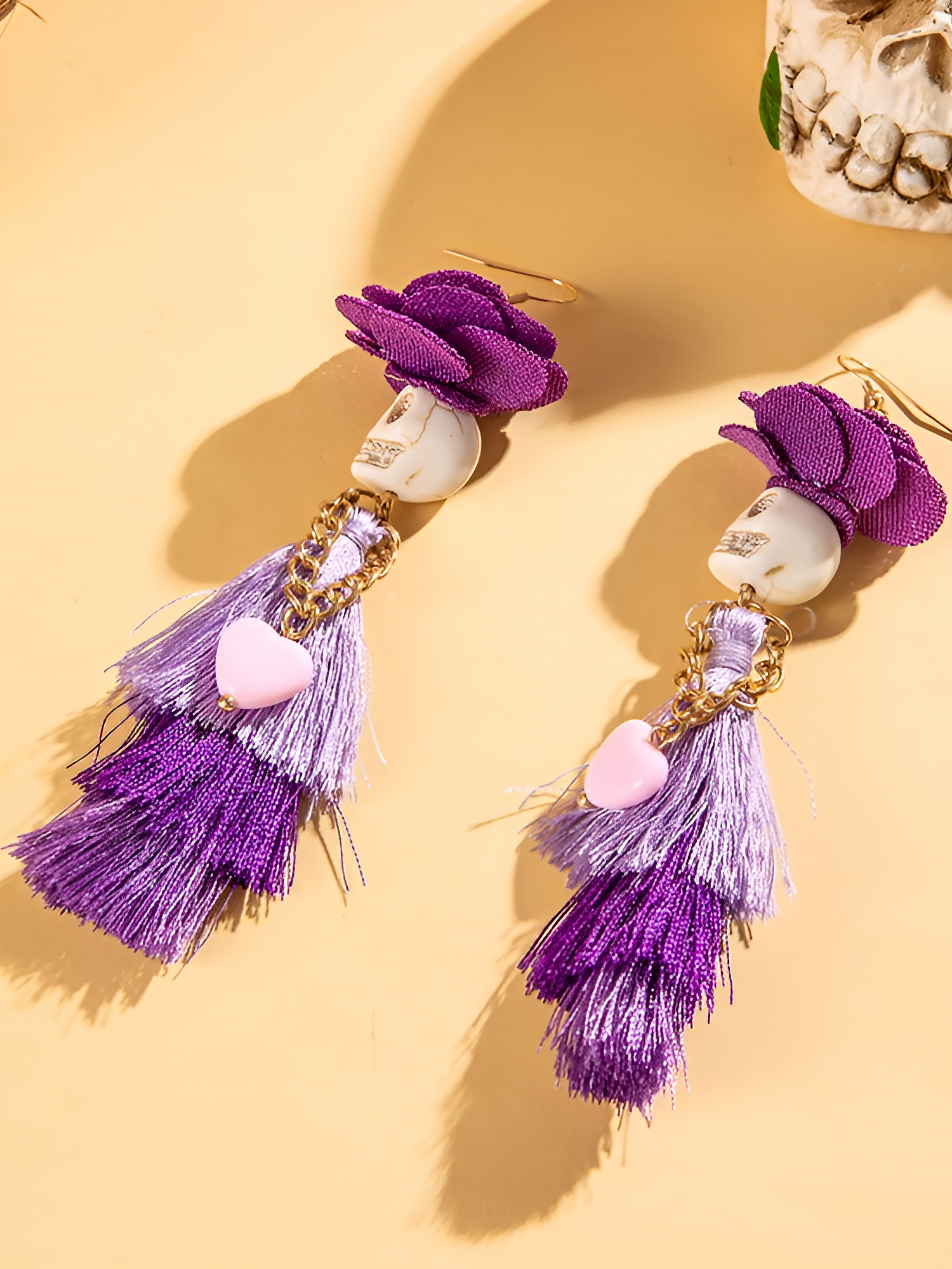 Halloween Fun Skull Tassel Beaded Dangle Earrings Purple/ONE SIZE