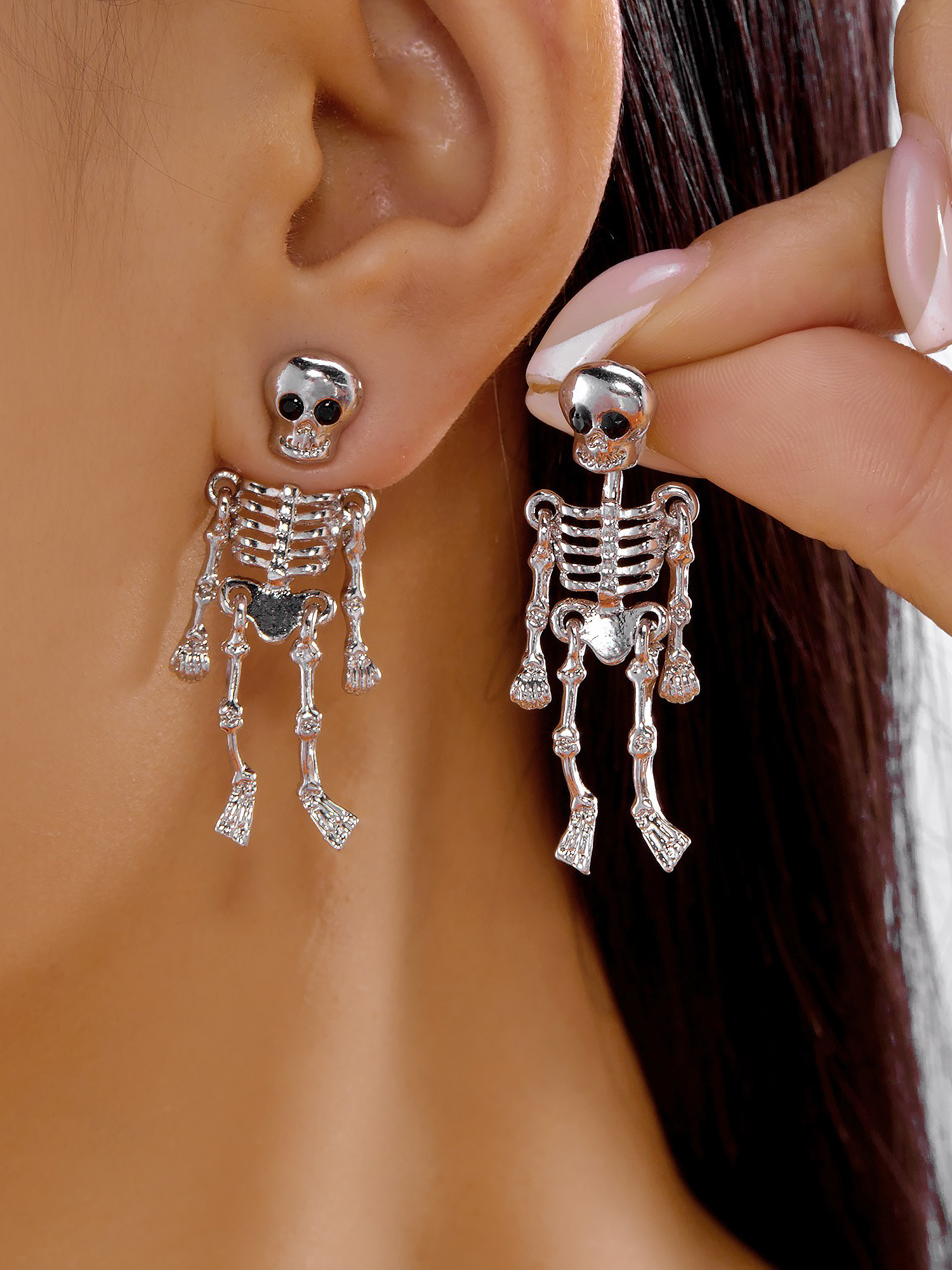 Gothic Halloween Skull Skeleton Stud Earrings Silver/One Size