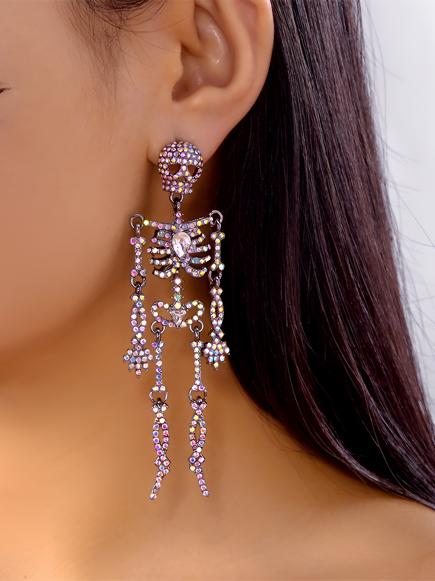 Halloween Full Skeleton Skull Diamond Glittering Earrings Mixed Colors/One Size