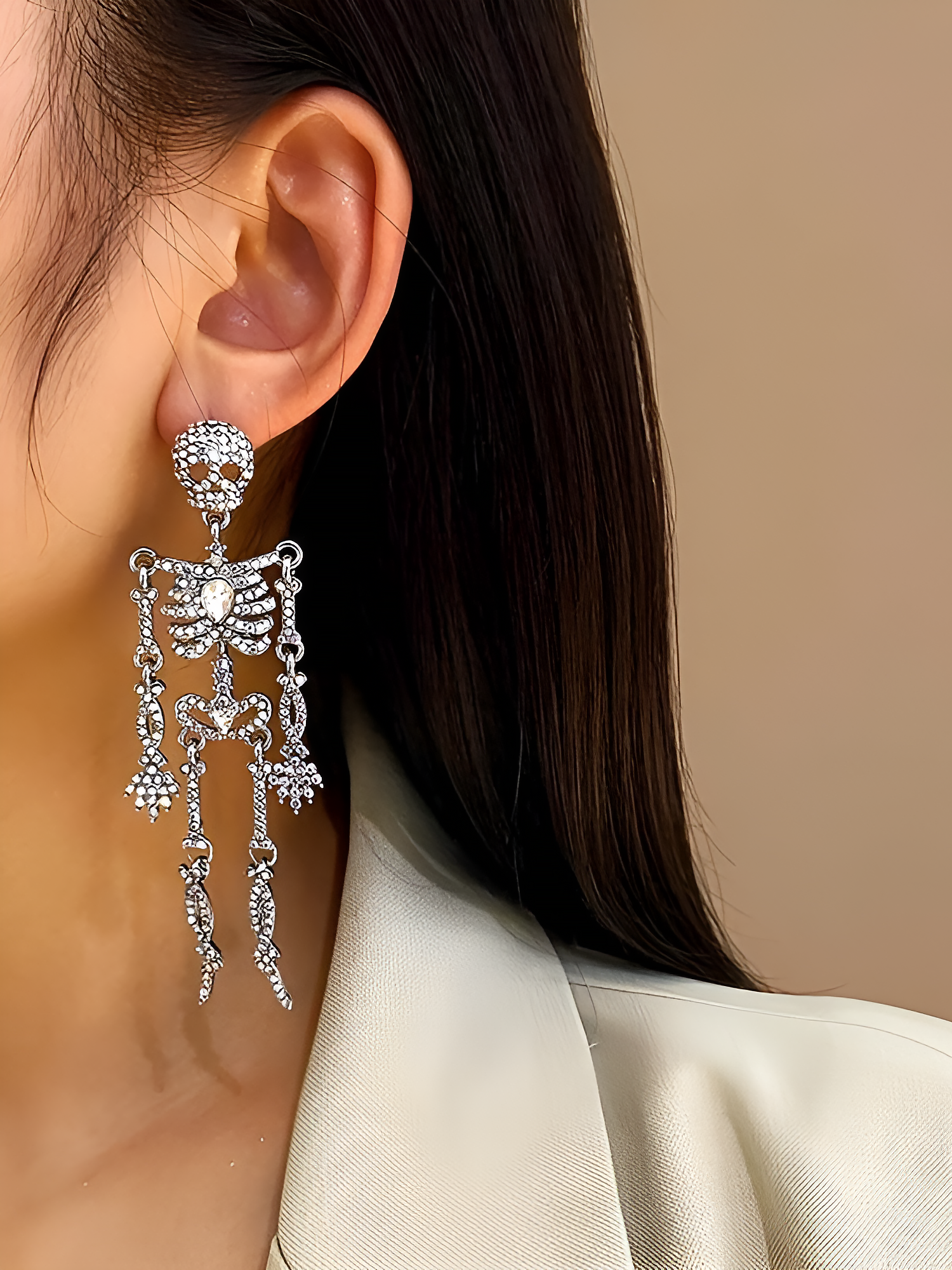 Halloween Full Skeleton Skull Diamond Glittering Earrings Silver/One Size