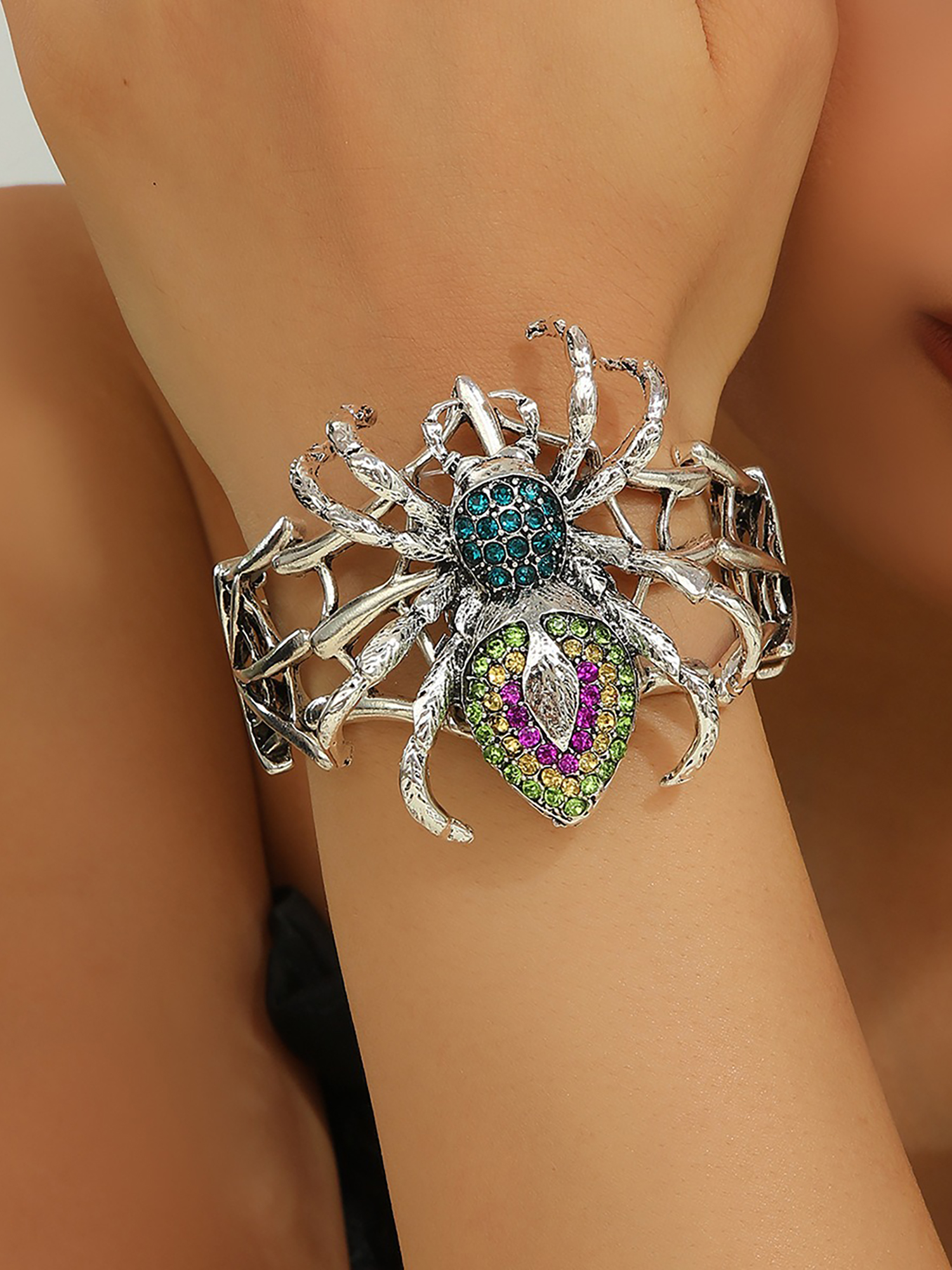 Halloween Alloy Faux Diamonds Spider Bracelet Silver/One Size