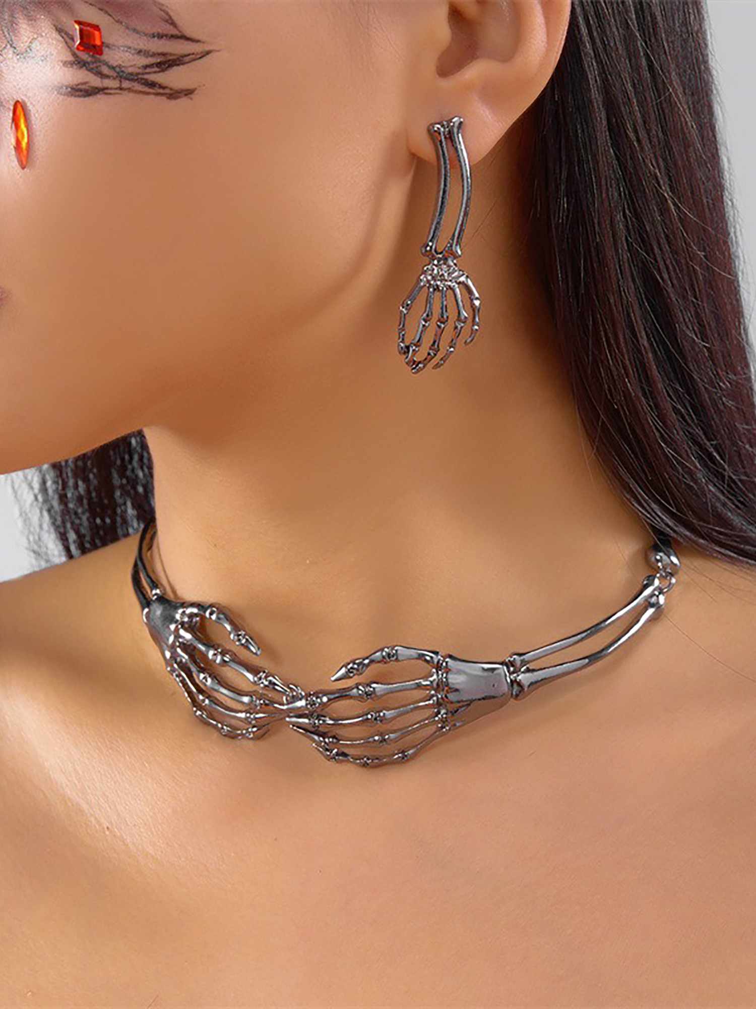 Halloween Skull Claw Necklace & Earrings Set Black/One Size