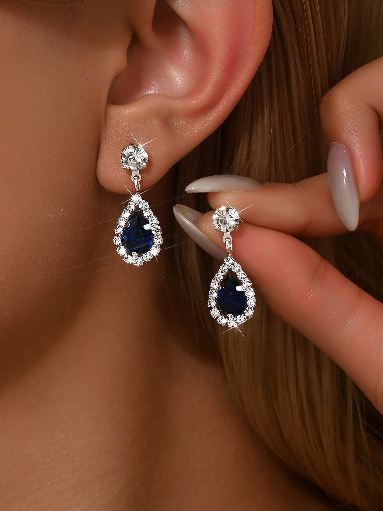 Faux Diamonds Teardrop Pendant Stud Earrings Blue/One Size