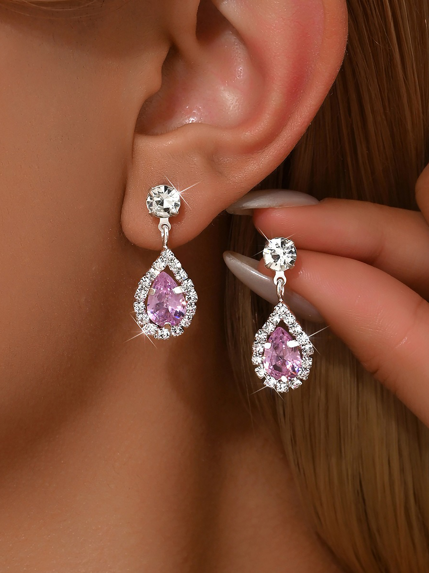 Faux Diamonds Teardrop Pendant Stud Earrings Pink/One Size