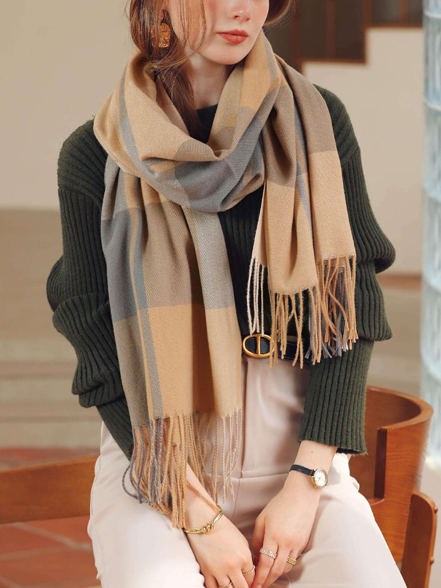 Fall Winter Geometric Plaid Tasseled Scarf Light Khaki/One Size