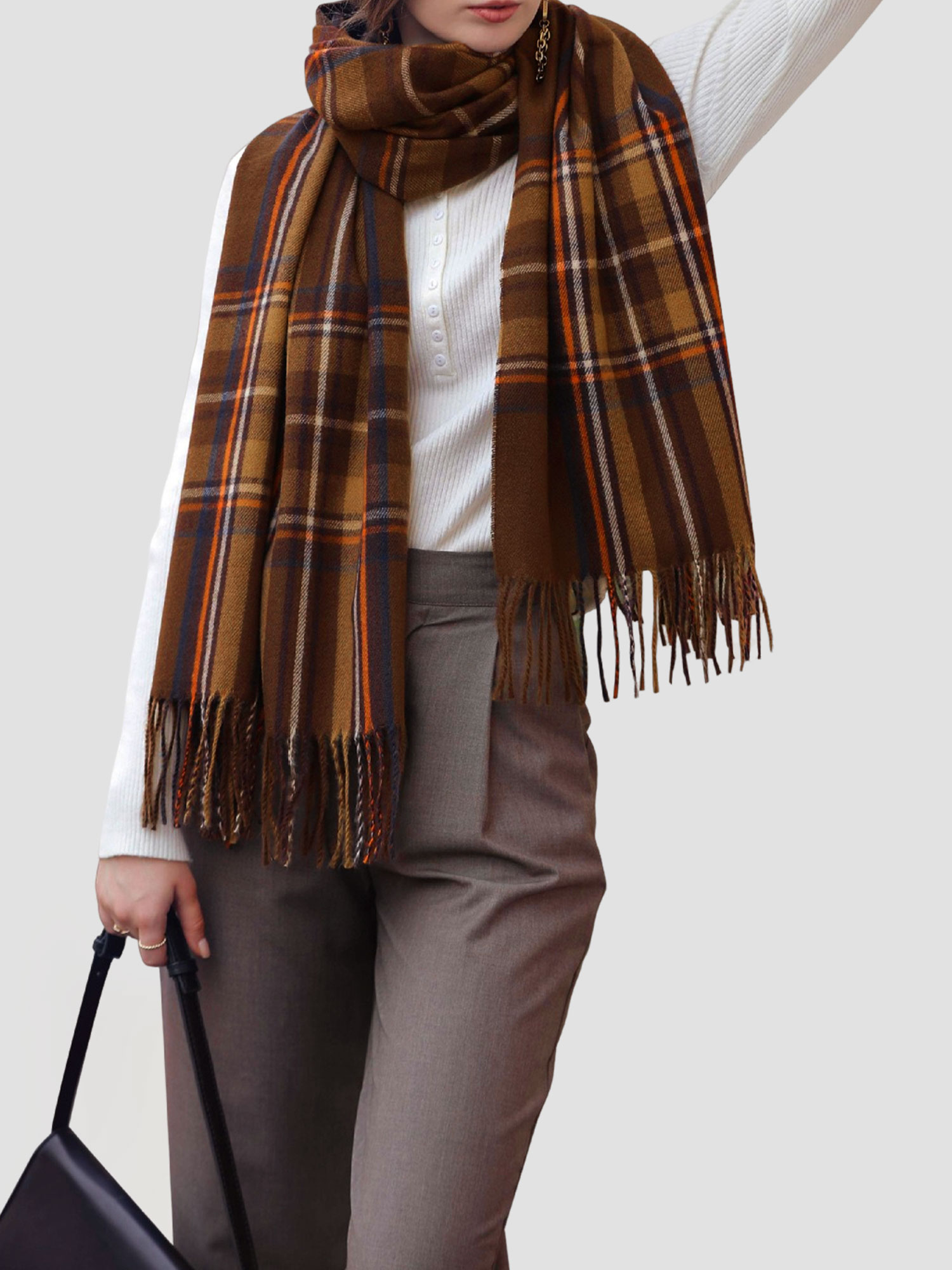 Fall Winter Geometric Plaid Tassel Scarf Coffee/One Size