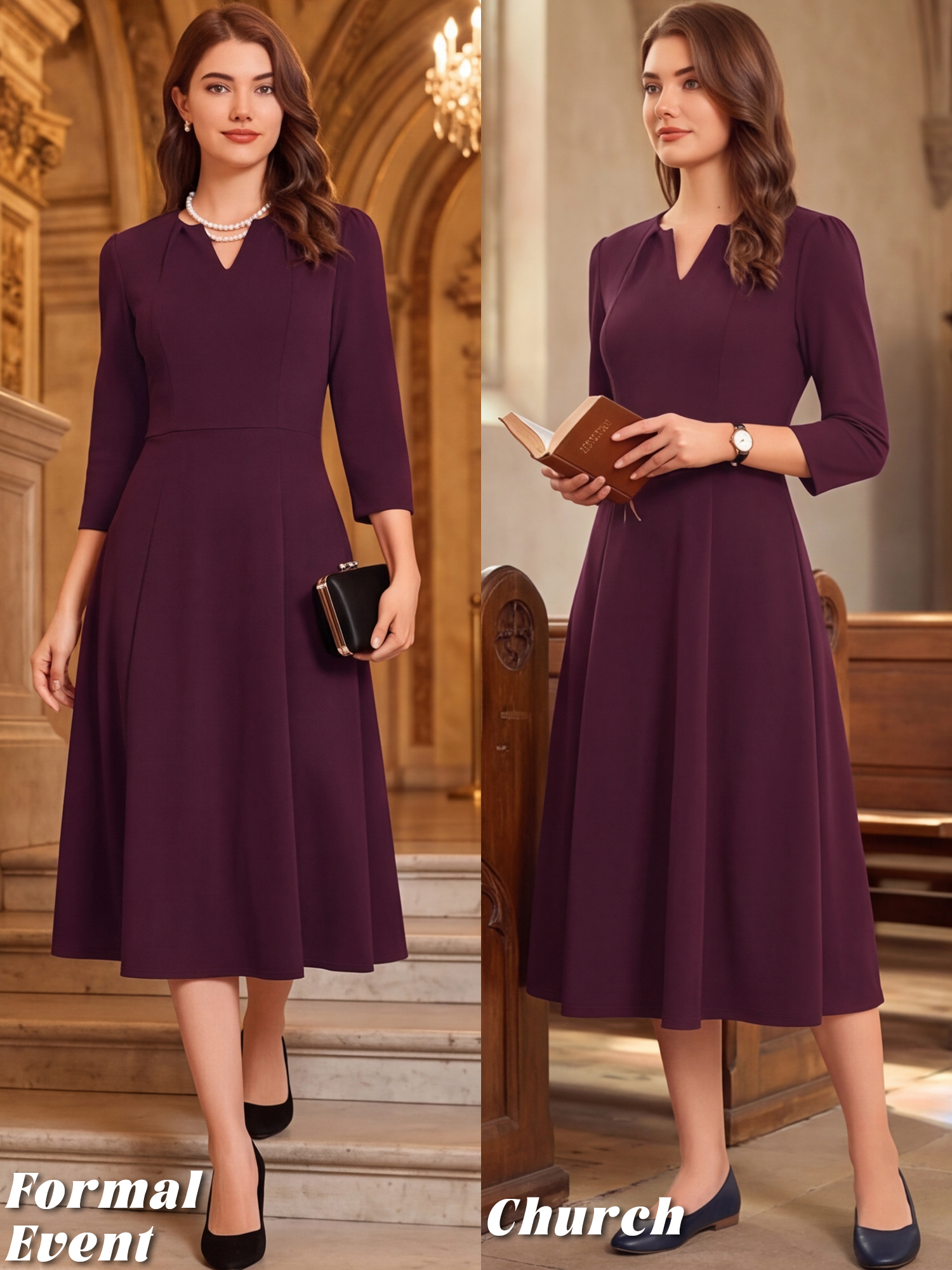 Notch Neck 3/4 Sleeve Pocketed Solid A-Line Work Dress Deep Purple/XL