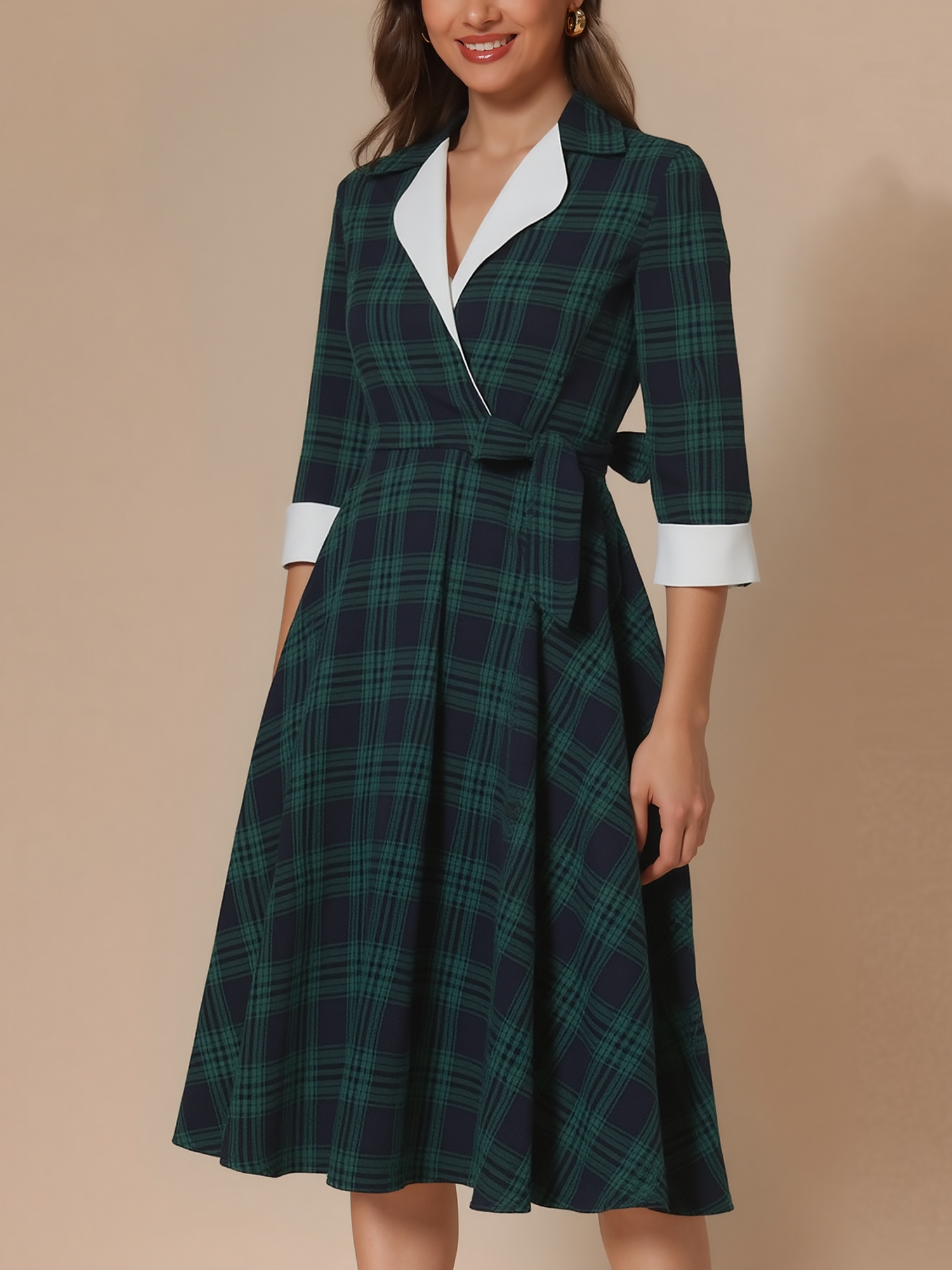 Plaid 3/4 Sleeves Lace-Up Midi A-Line Dress Green/XS