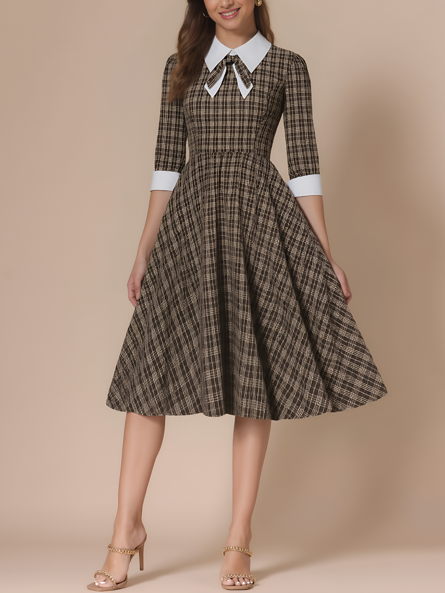 Plaid Collar Bow Tie 3/4 Sleeve Midi A-Line Dress Coffee/XS