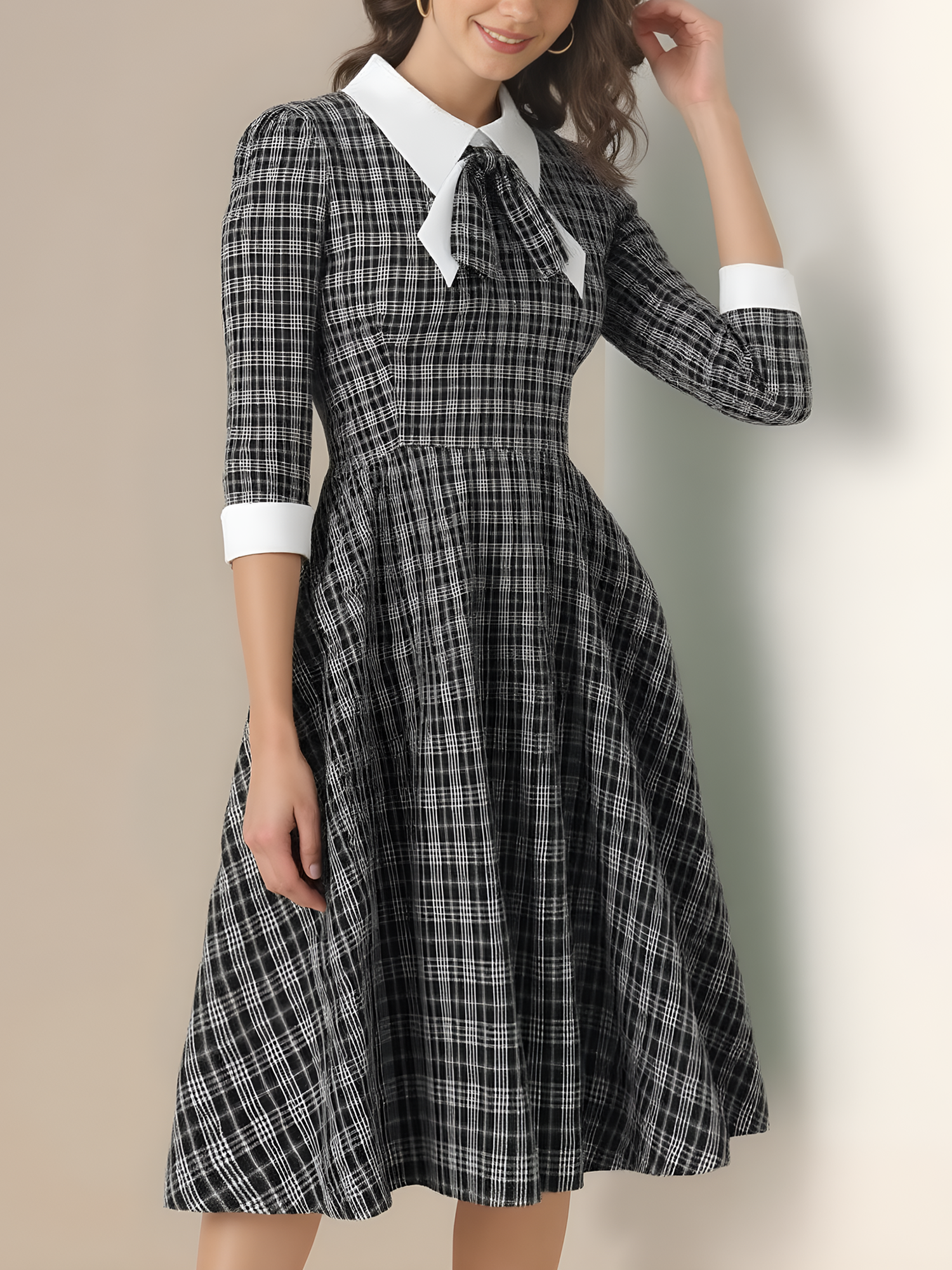 Plaid Collar Bow Tie 3/4 Sleeve Midi A-Line Dress Black/L