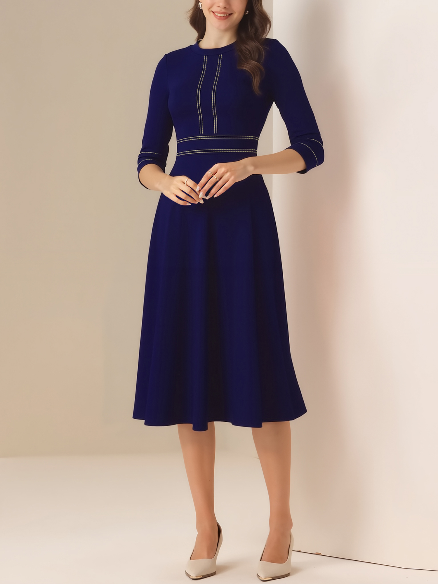 Round Neck 3/4 Sleeves A-Line Midi Work Dress Dark Blue/L