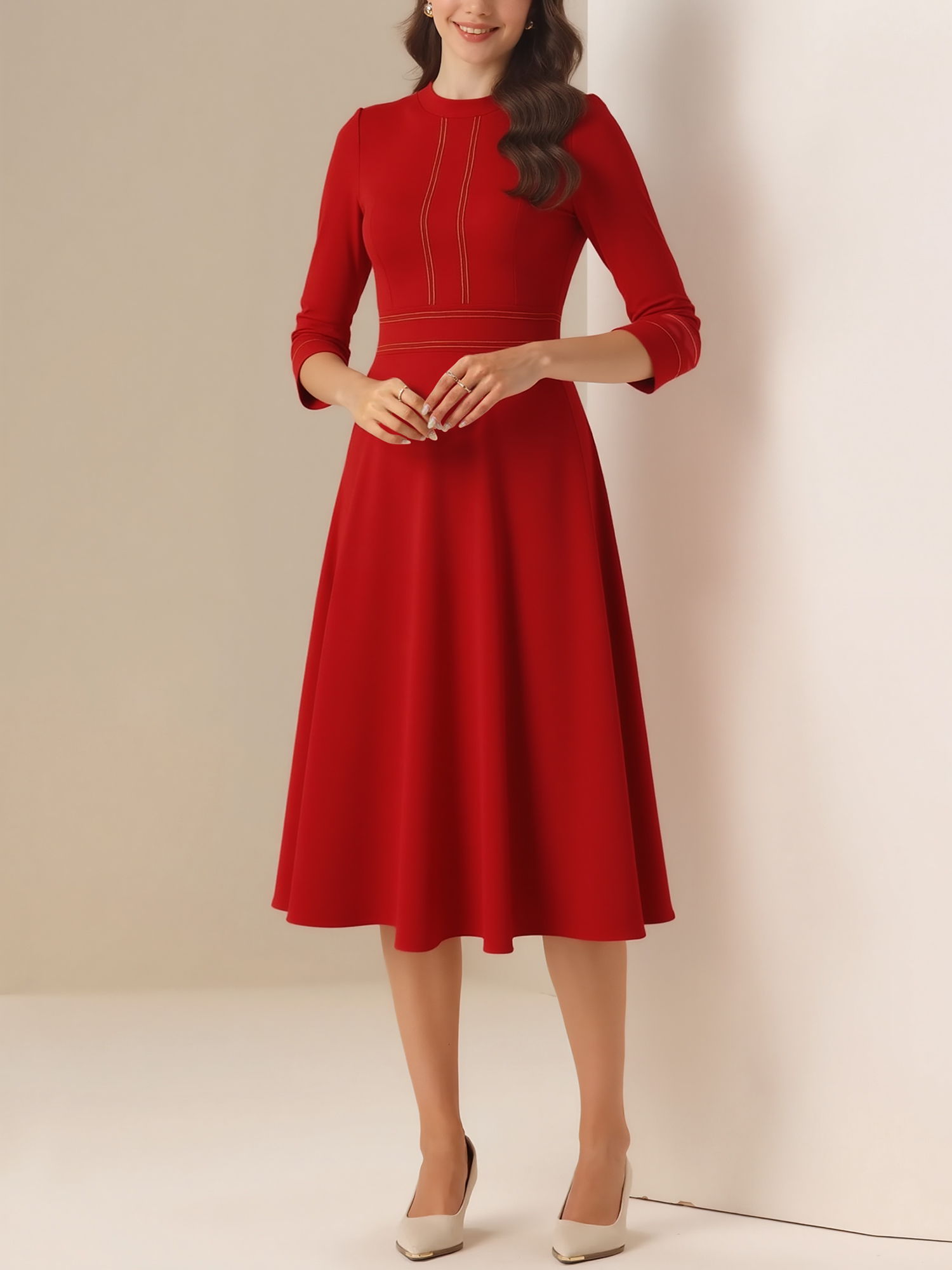 Round Neck 3/4 Sleeves A-Line Midi Work Dress Red/S