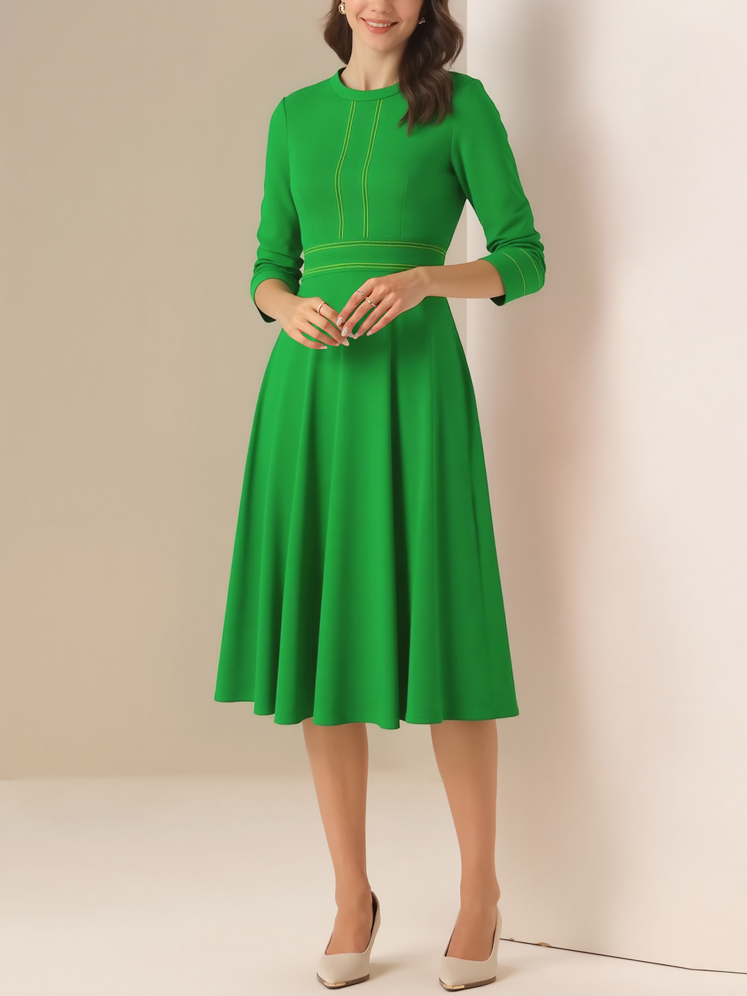 Round Neck 3/4 Sleeves A-Line Midi Work Dress Green/S