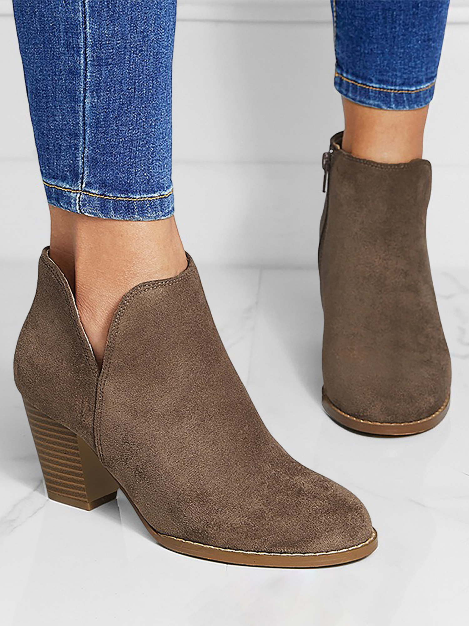 Round Toe Faux Suede Thick Heel Ankle Boots Brown/7