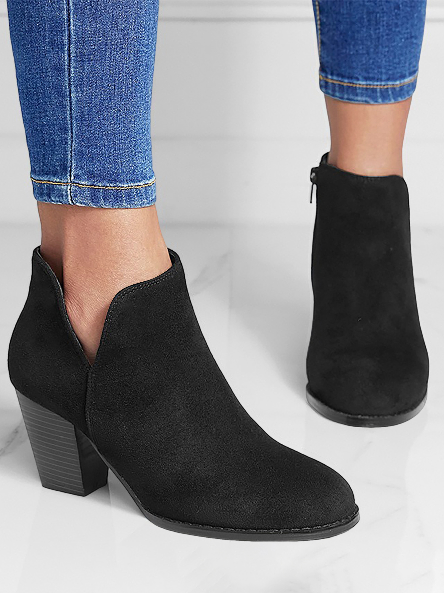 Round Toe Faux Suede Thick Heel Ankle Boots Black/11