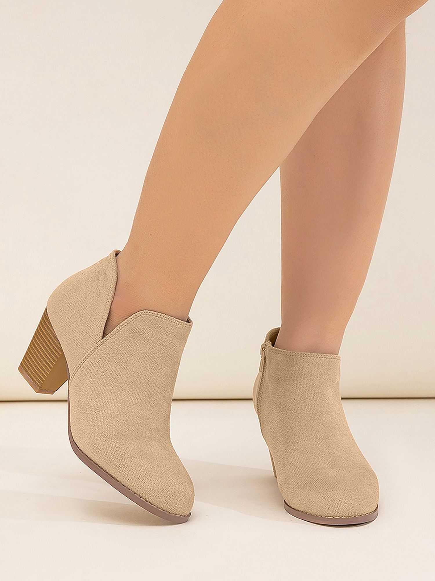 Round Toe Faux Suede Thick Heel Ankle Boots Apricot/8.5