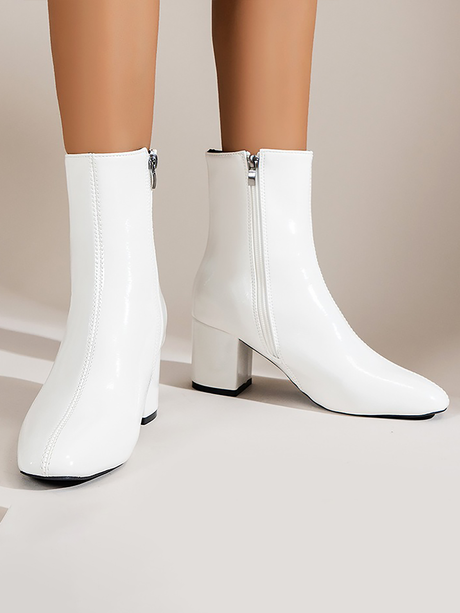 Square Toe Side Zipper Thick Heels Ankle Boots White/6