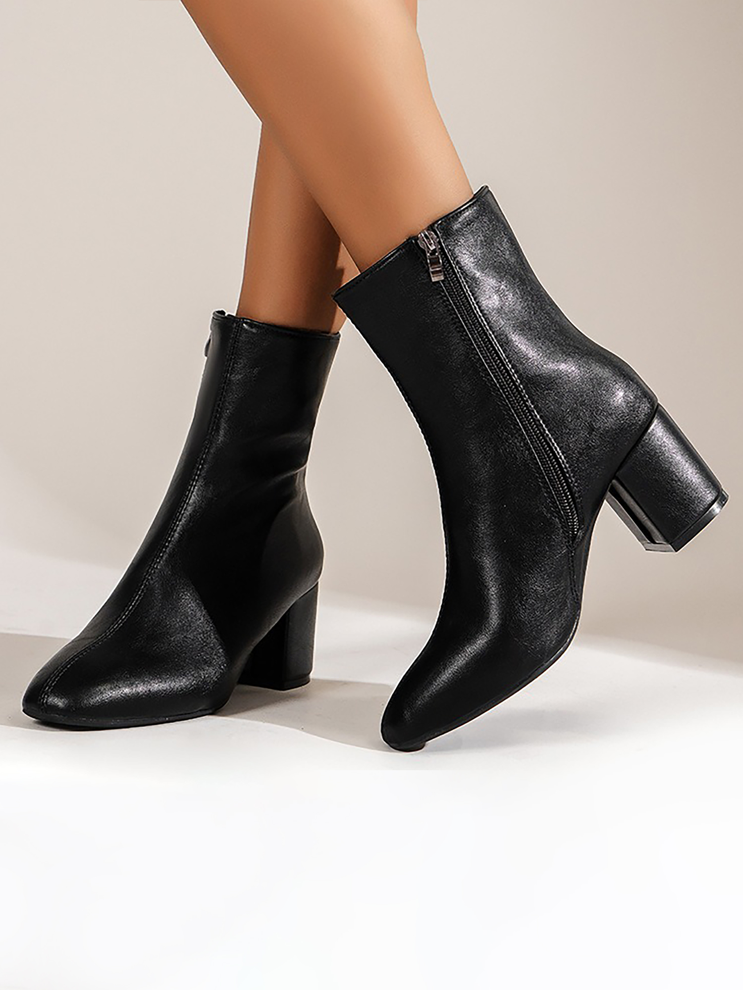 Faux Leather Square Toe Side Zipper Ankle Boots Black/6