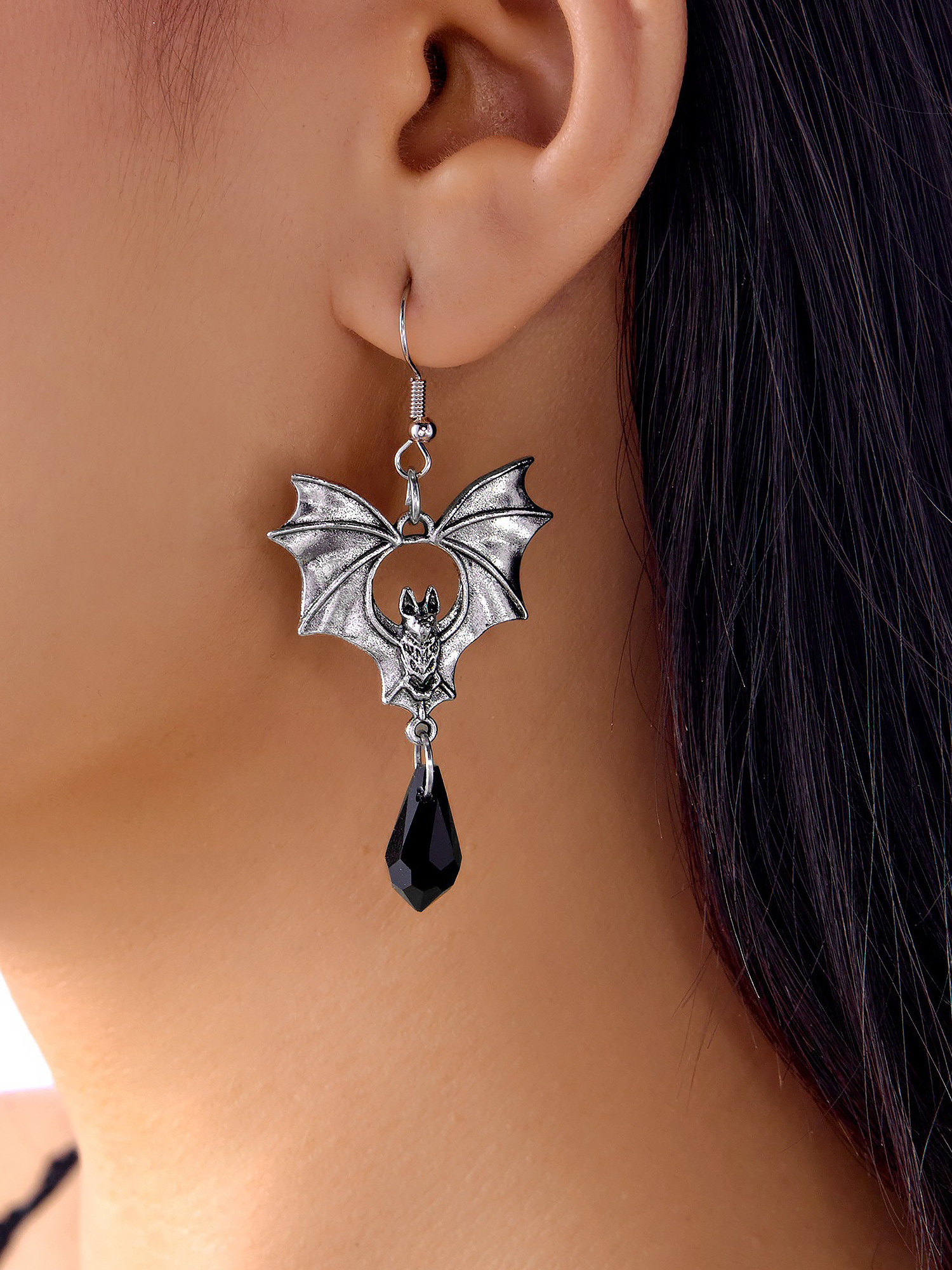Halloween Gothic Bat Pendant Dangle Earrings Silver/One Size