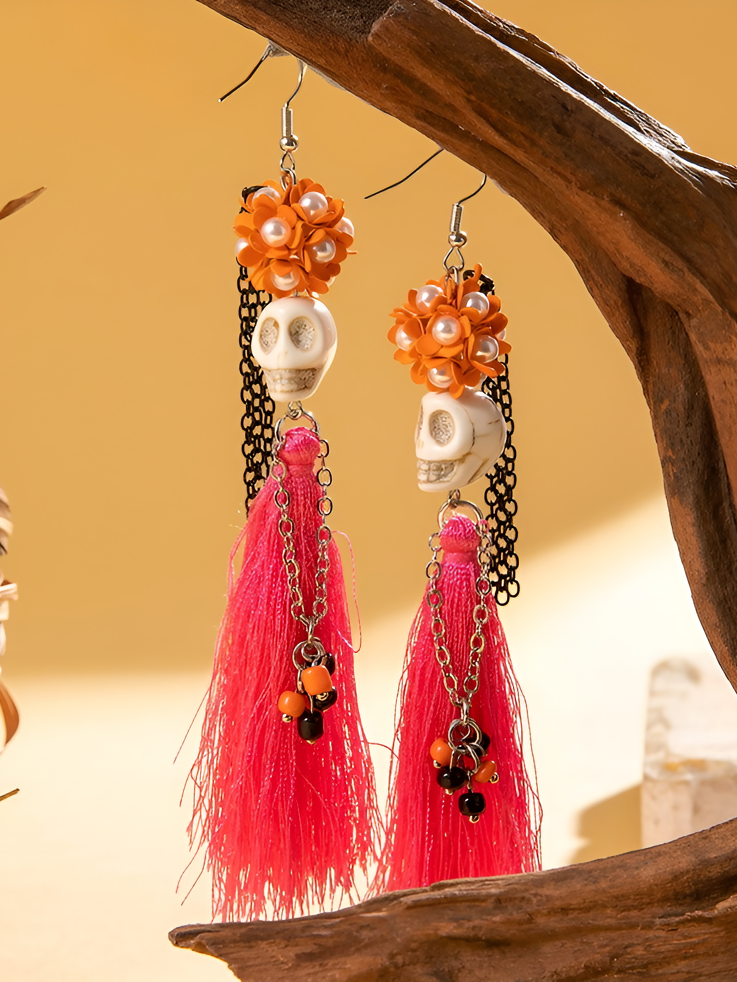 Halloween Fun Skull Tassel Beaded Dangle Earrings Rose Red/ONE SIZE
