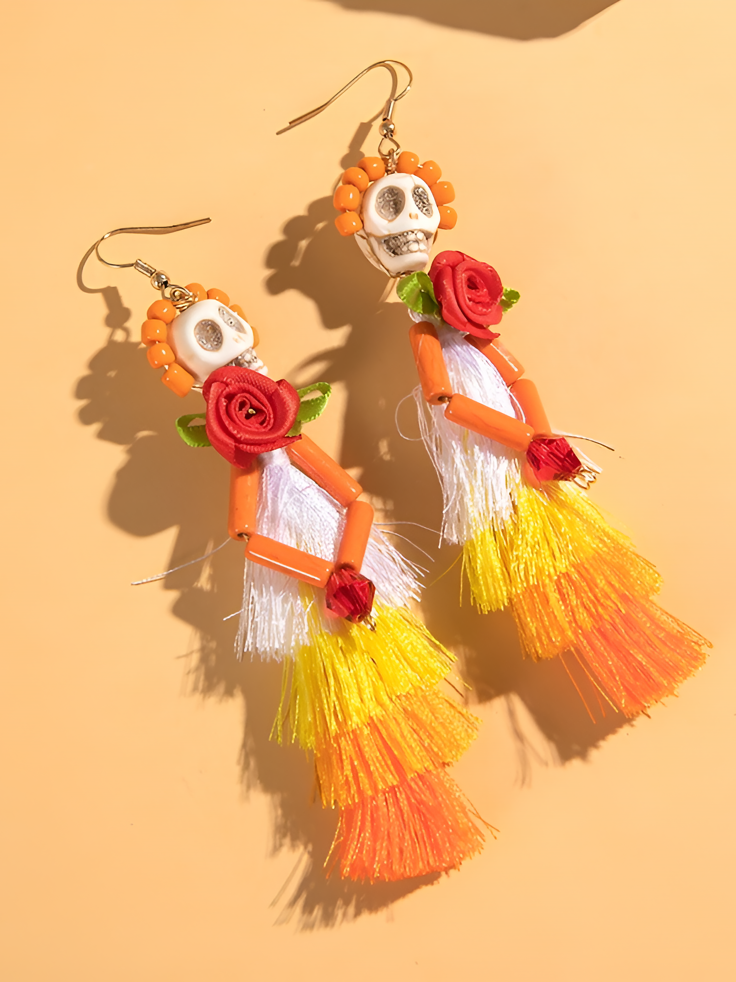 Halloween Fun Skull Tassel Beaded Dangle Earrings Orange/ONE SIZE