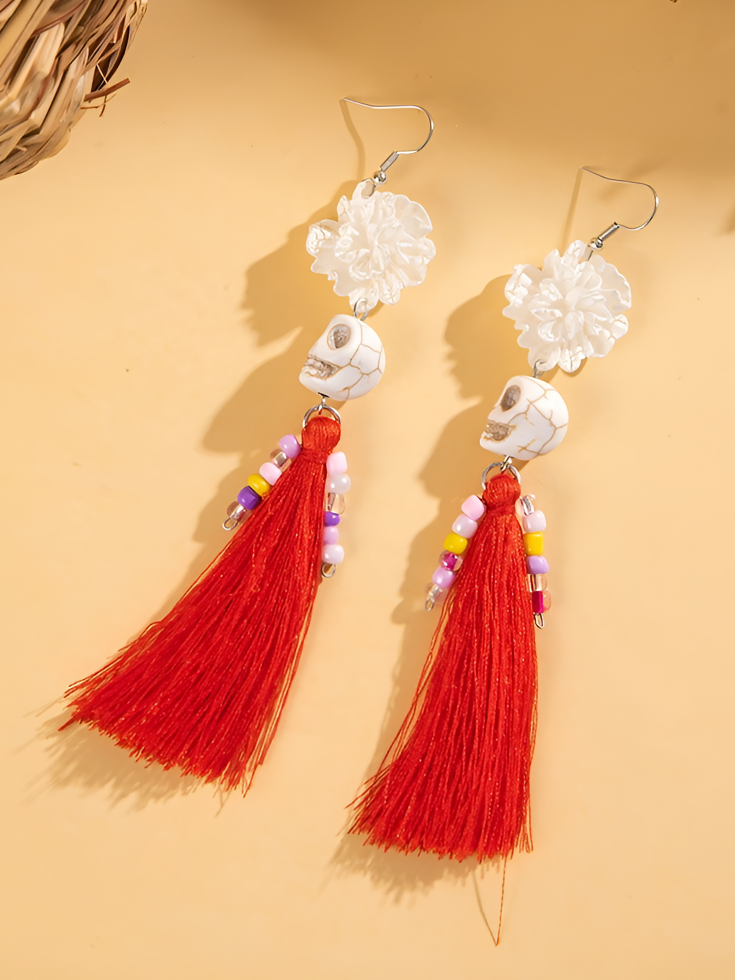 Halloween Fun Skull Tassel Beaded Dangle Earrings Red/ONE SIZE