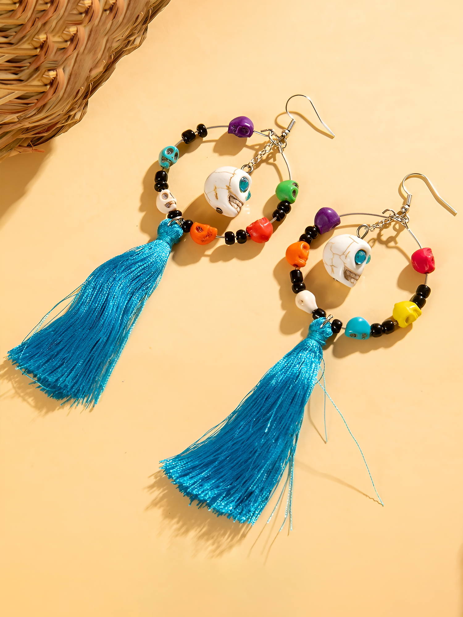 Halloween Fun Skull Tassel Beaded Dangle Earrings Blue/ONE SIZE