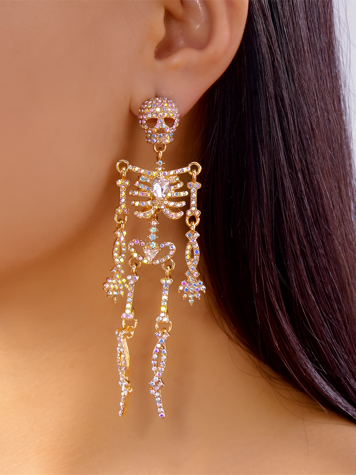 Halloween Full Skeleton Skull Diamond Glittering Earrings Gold/One Size