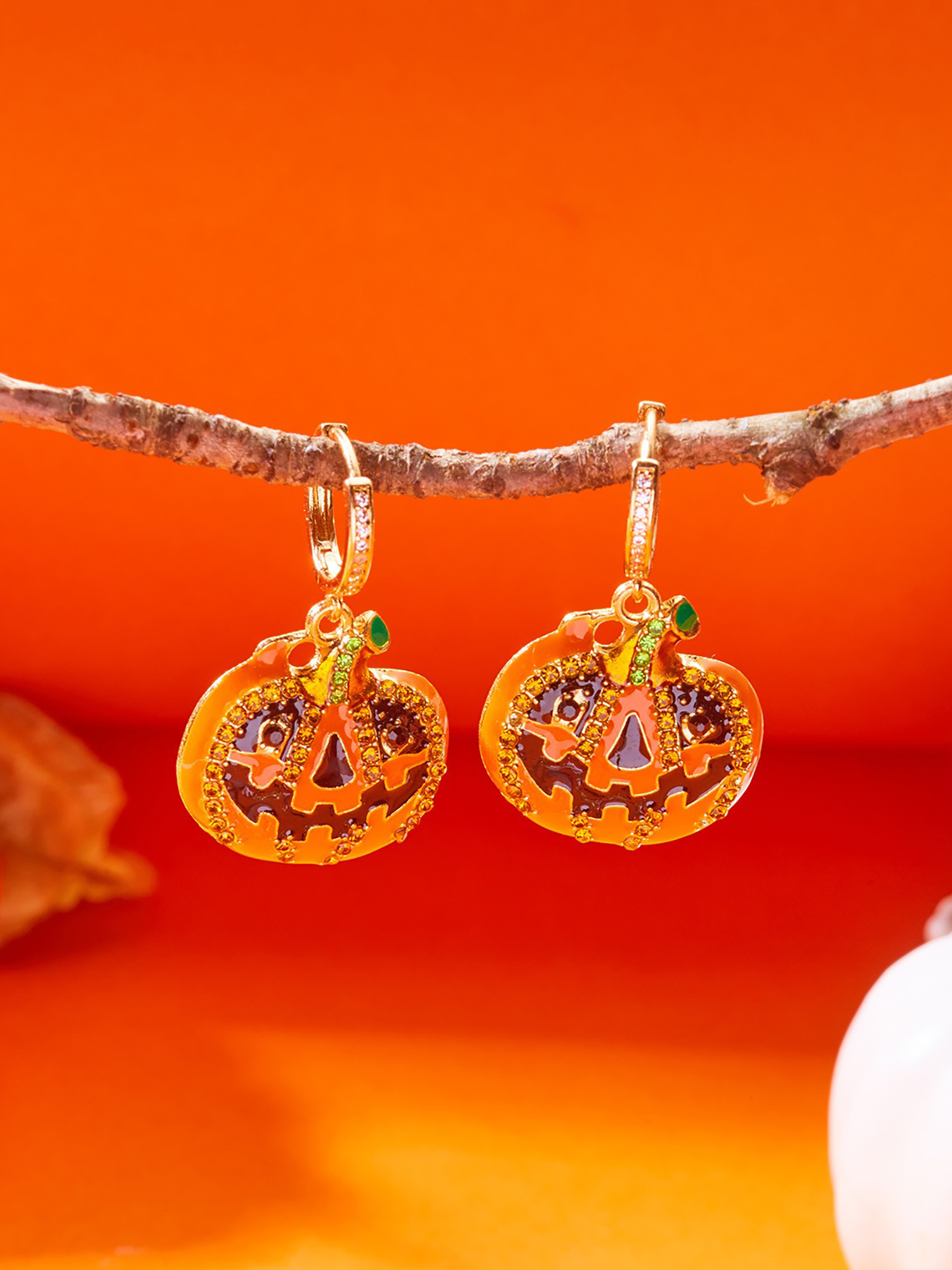 Halloween Style Faux Diamond Huggie Earrings Orange/One Size