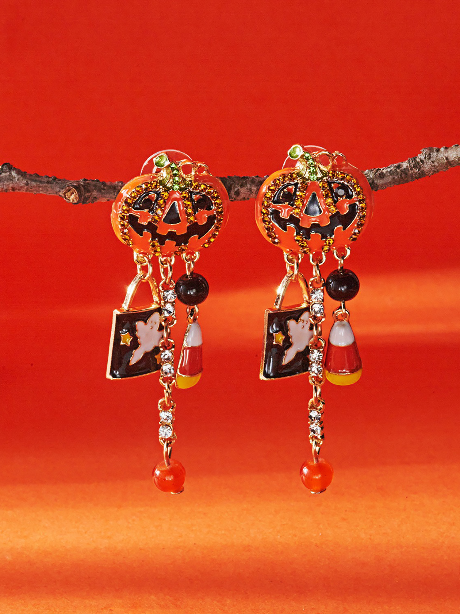 Halloween Faux Diamond Pumpkin Earrings Orange/One Size