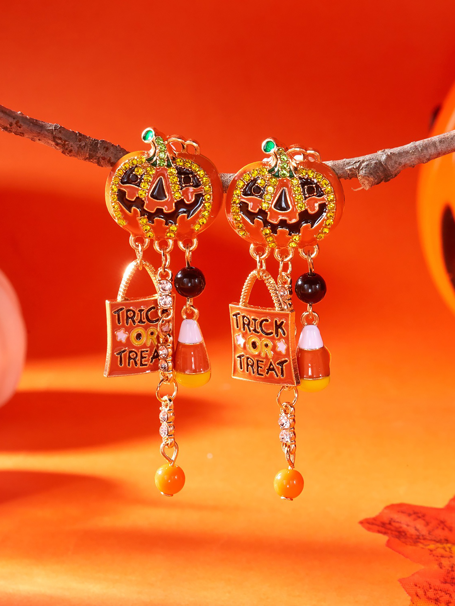 Halloween Faux Diamond Pumpkin Earrings Orange1/One Size