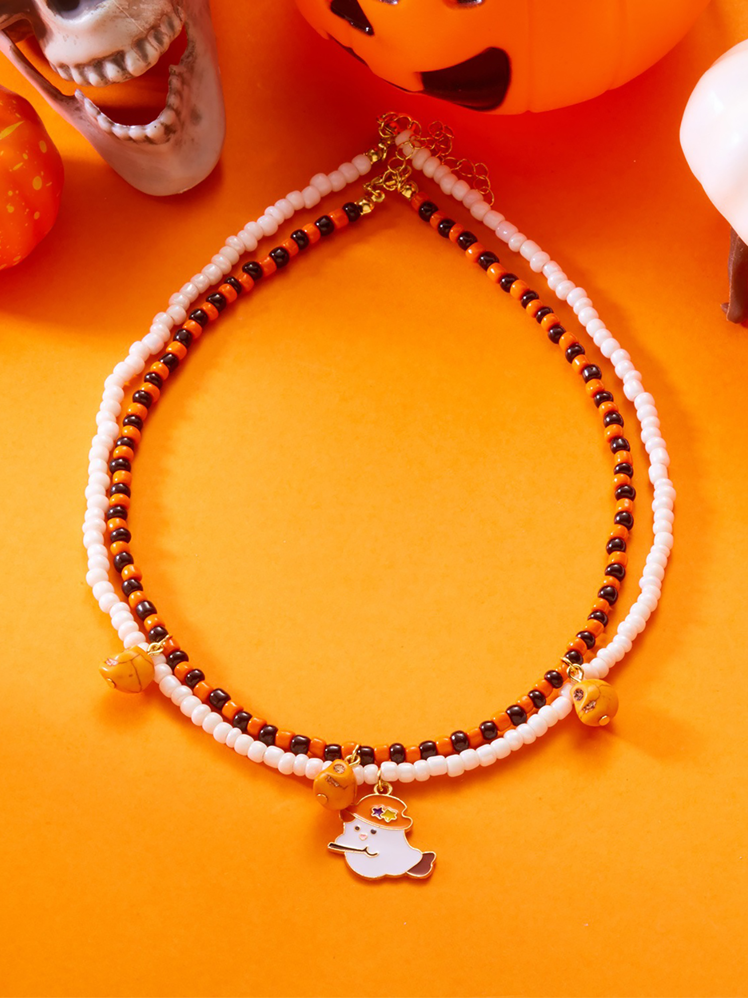 Halloween Skull Ghost Double Layered Necklace Orange/One Size