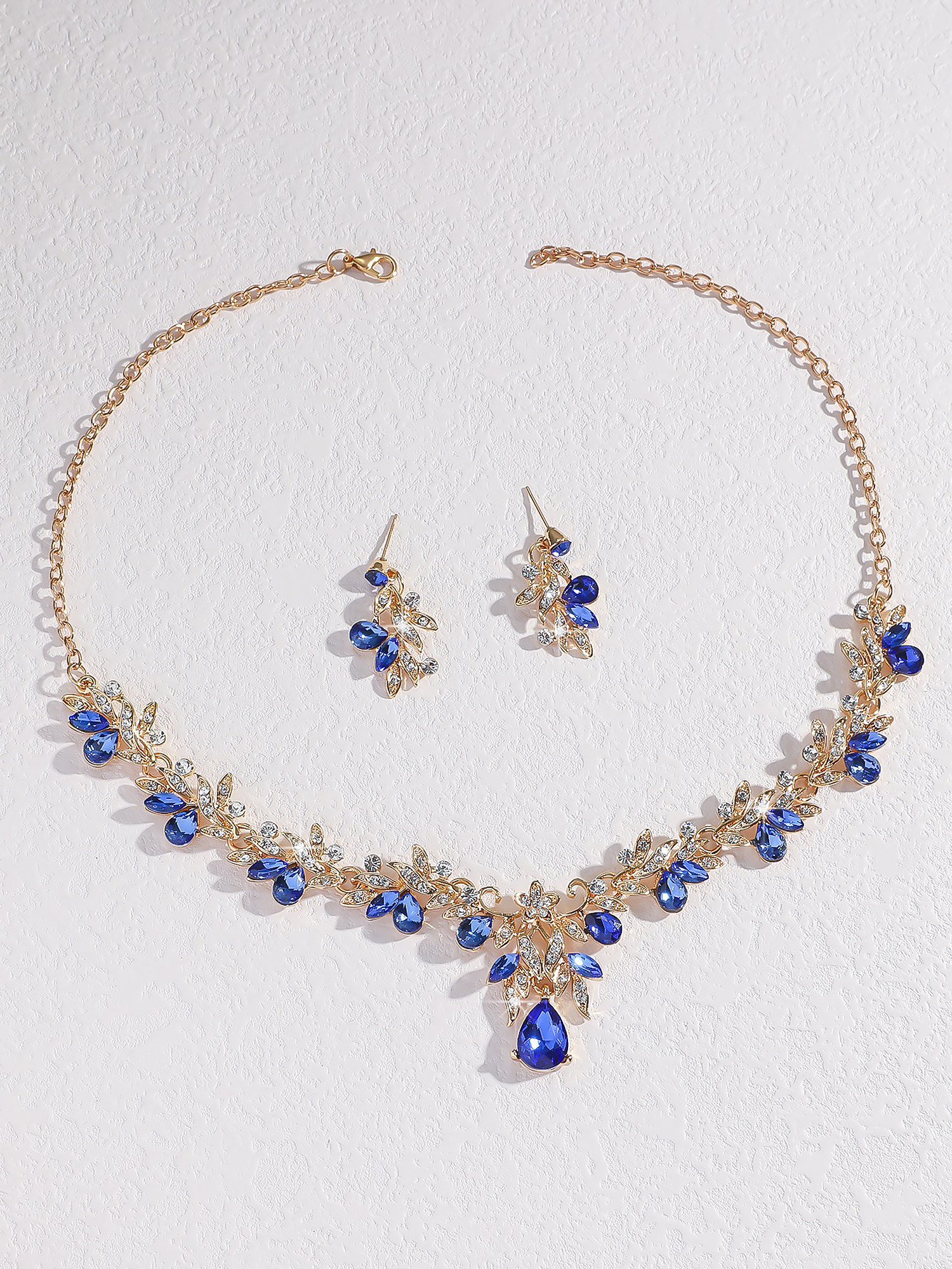 Alloy Faux Diamonds Necklace & Earring Set Blue/One Size