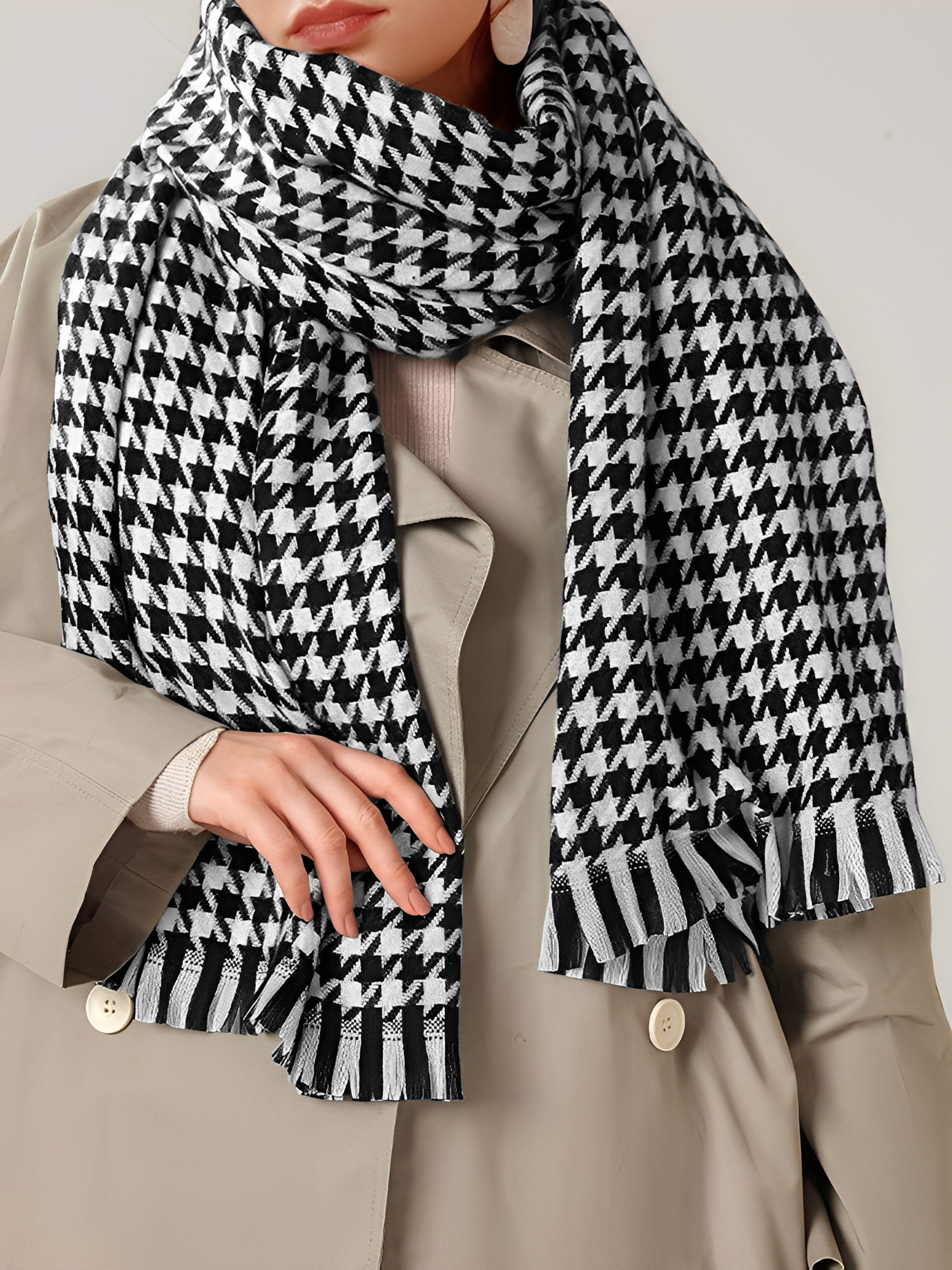 Fall Winter Houndstooth Tasseled Scarf Black/One Size