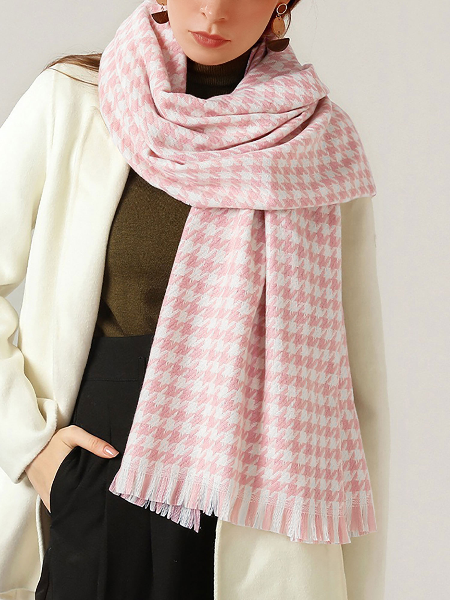 Fall Winter Houndstooth Tasseled Scarf Pink/One Size