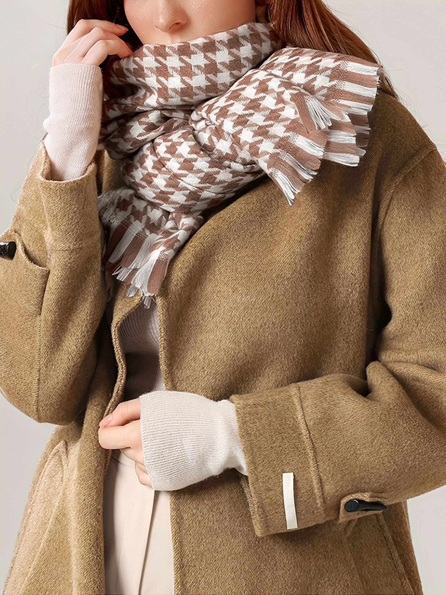 Fall Winter Houndstooth Tasseled Scarf Khaki/One Size