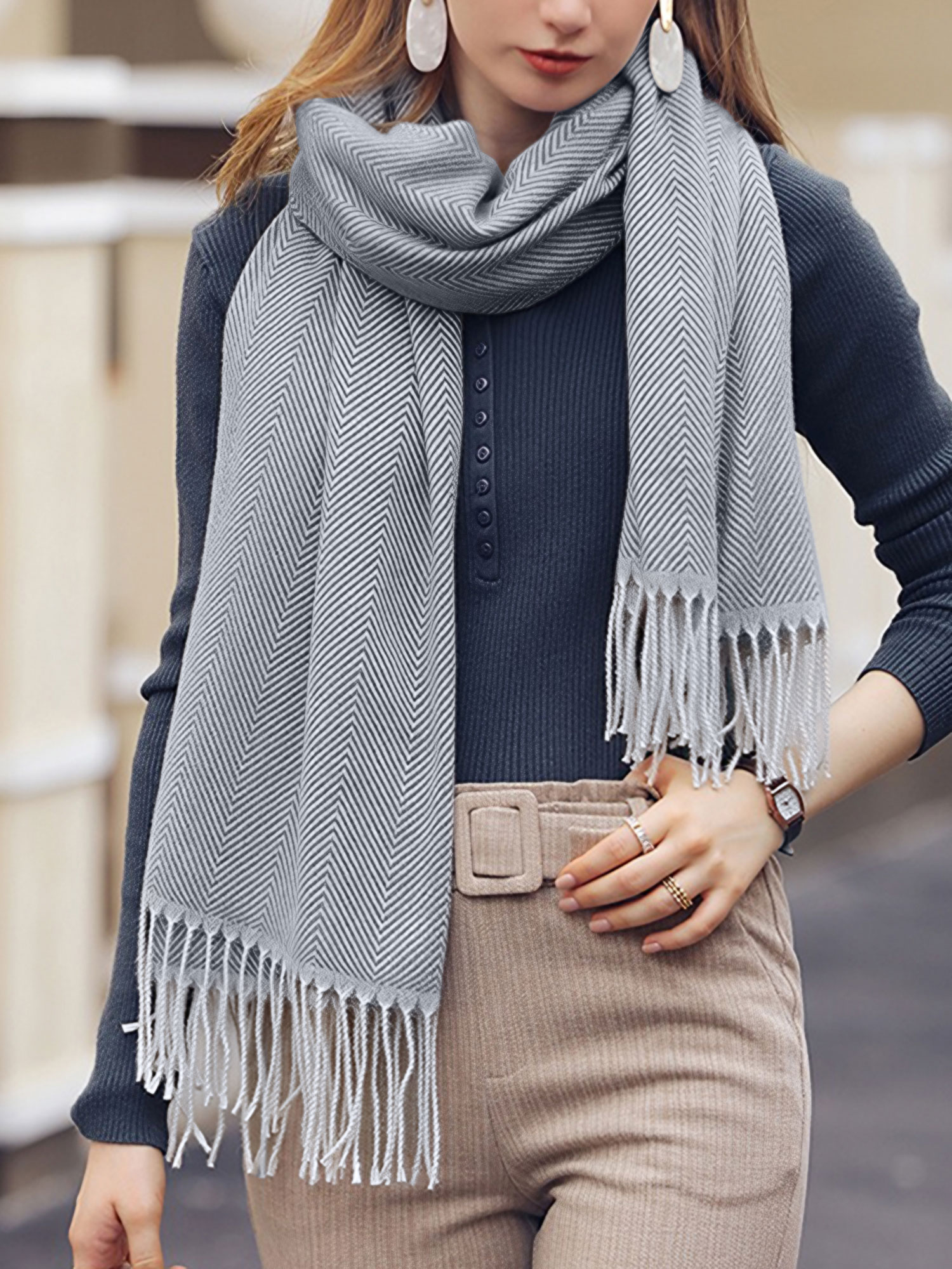 Fall Winter Geometric Line Tasseled Scarf Light Gray/One Size