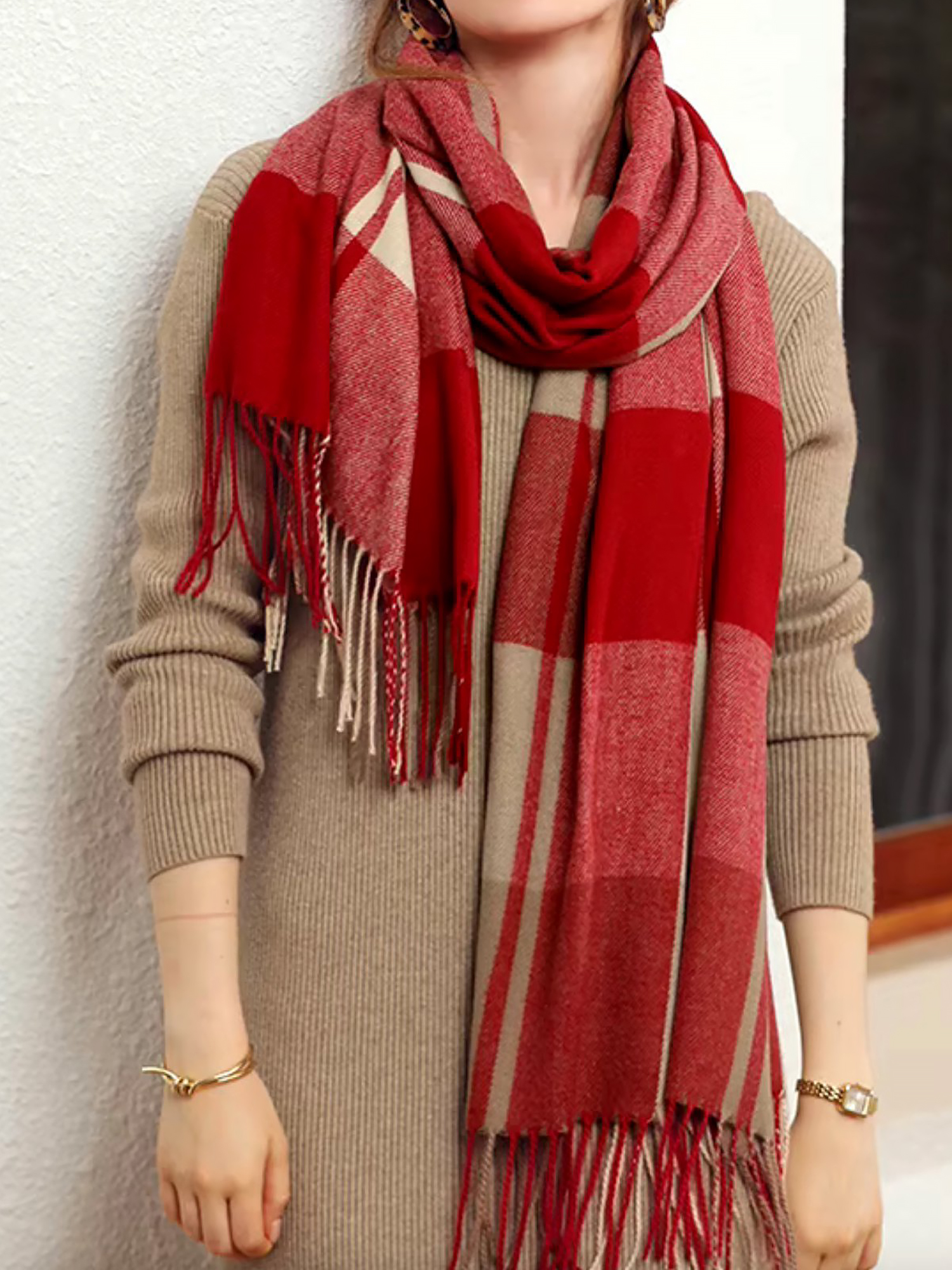Fall Winter Geometric Plaid Tasseled Scarf Red/One Size