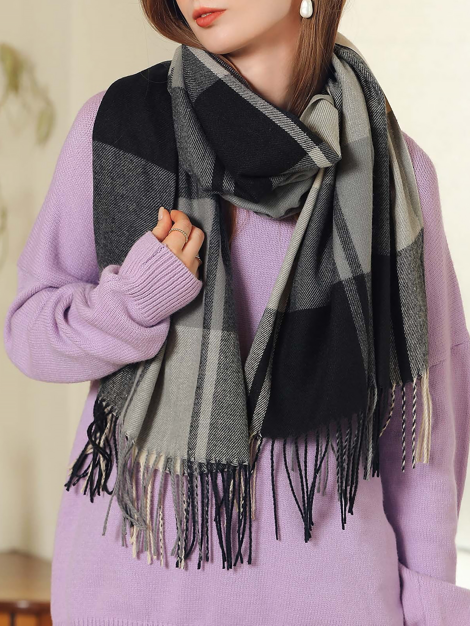 Fall Winter Geometric Plaid Tasseled Scarf Black/One Size