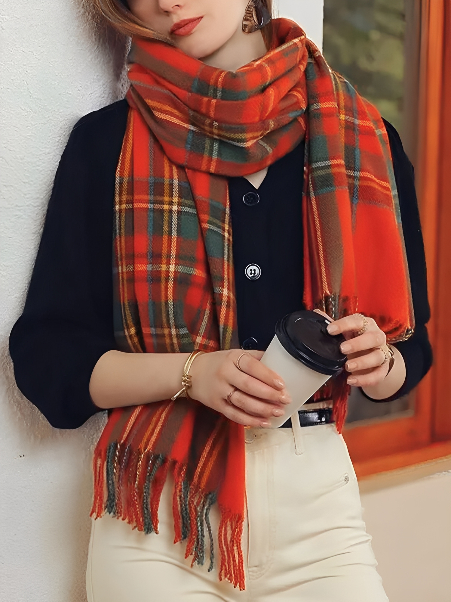 Fall Winter Geometric Plaid Tassel Scarf Red/One Size