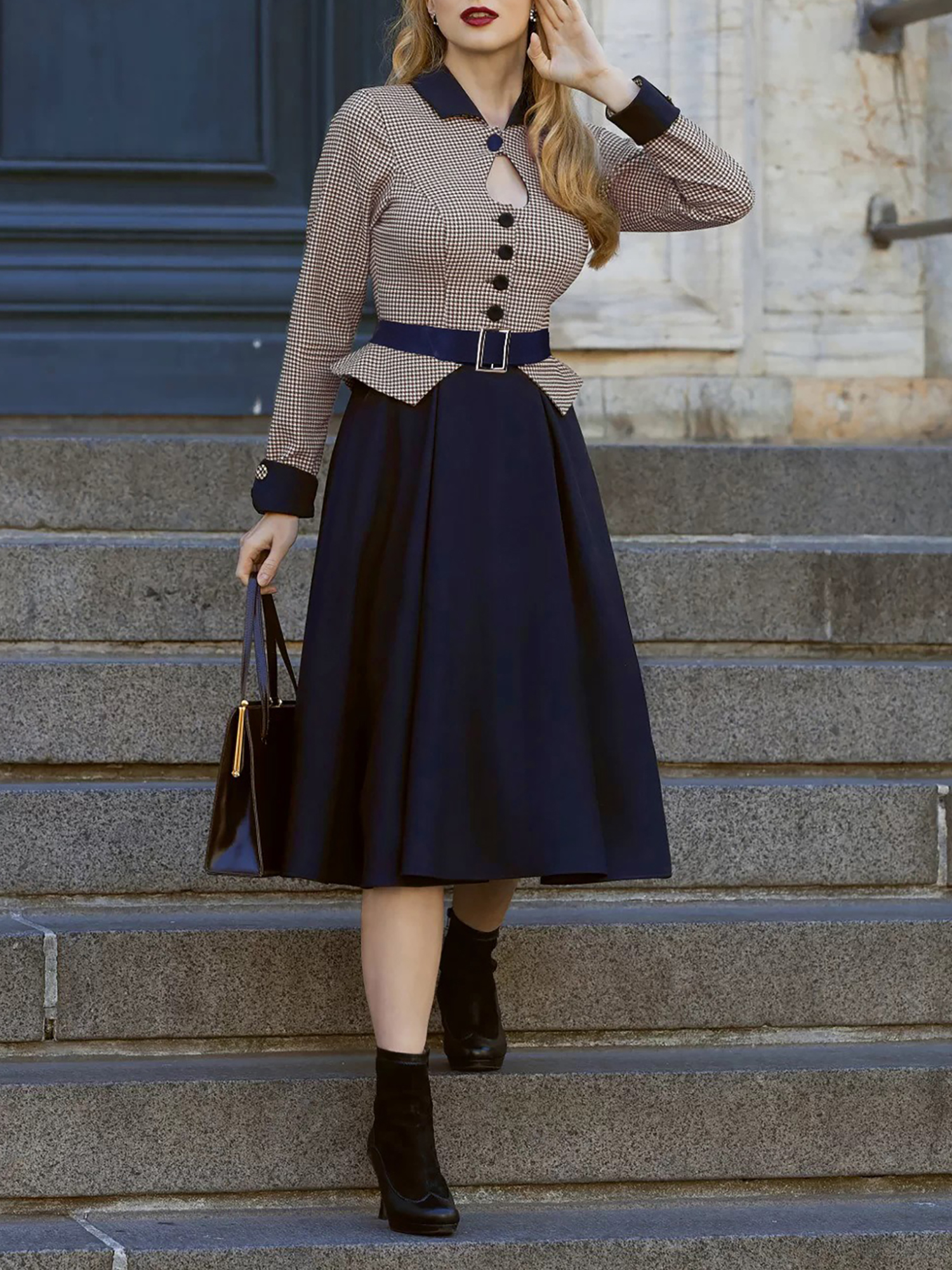 Colorblock Keyhole Houndstooth Long Sleeve Retro Swing Dress Navy/L