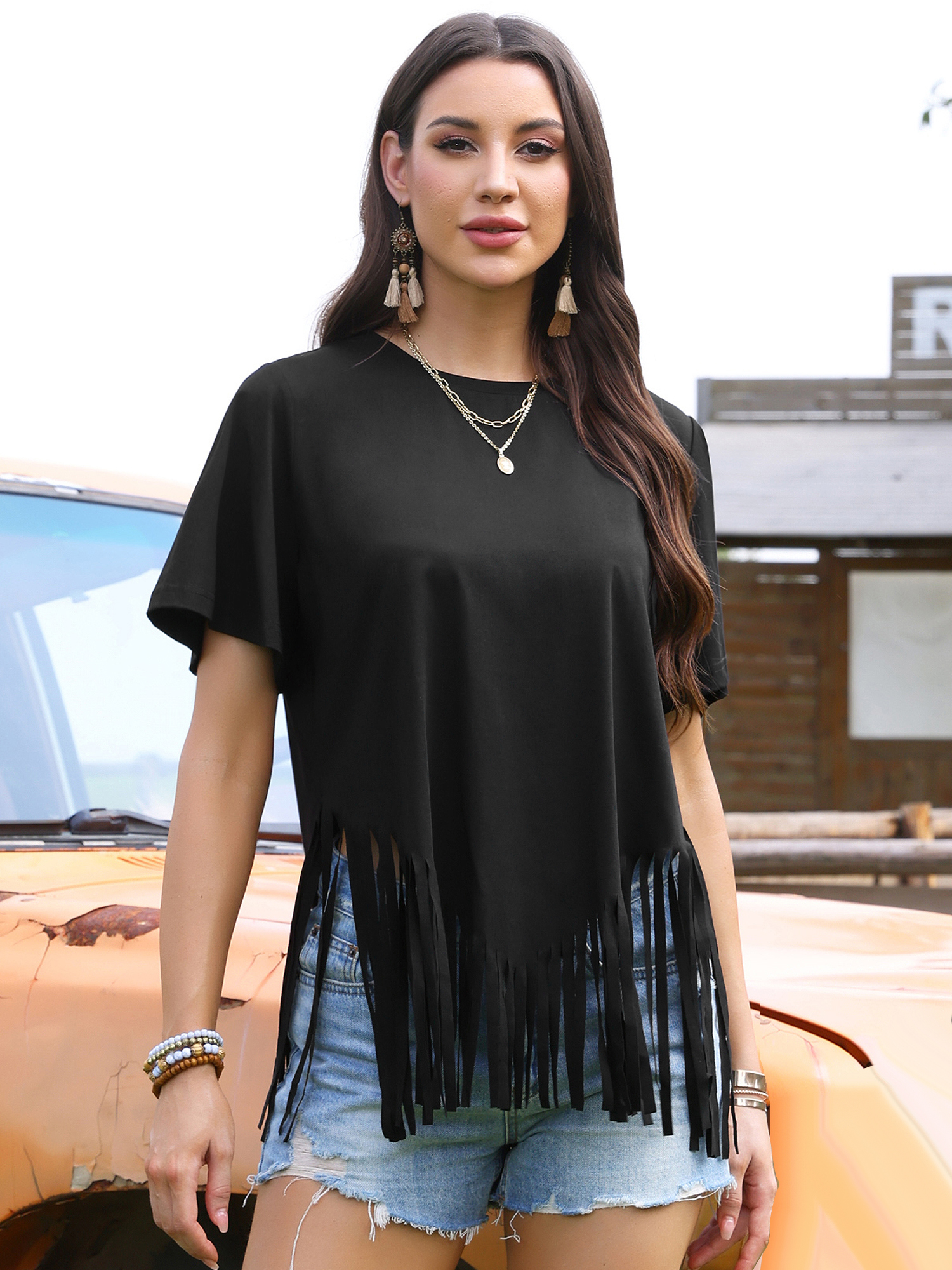 Fringe Short Sleeve Crew Neck Solid Casual Tassel T-Shirts Black/XS