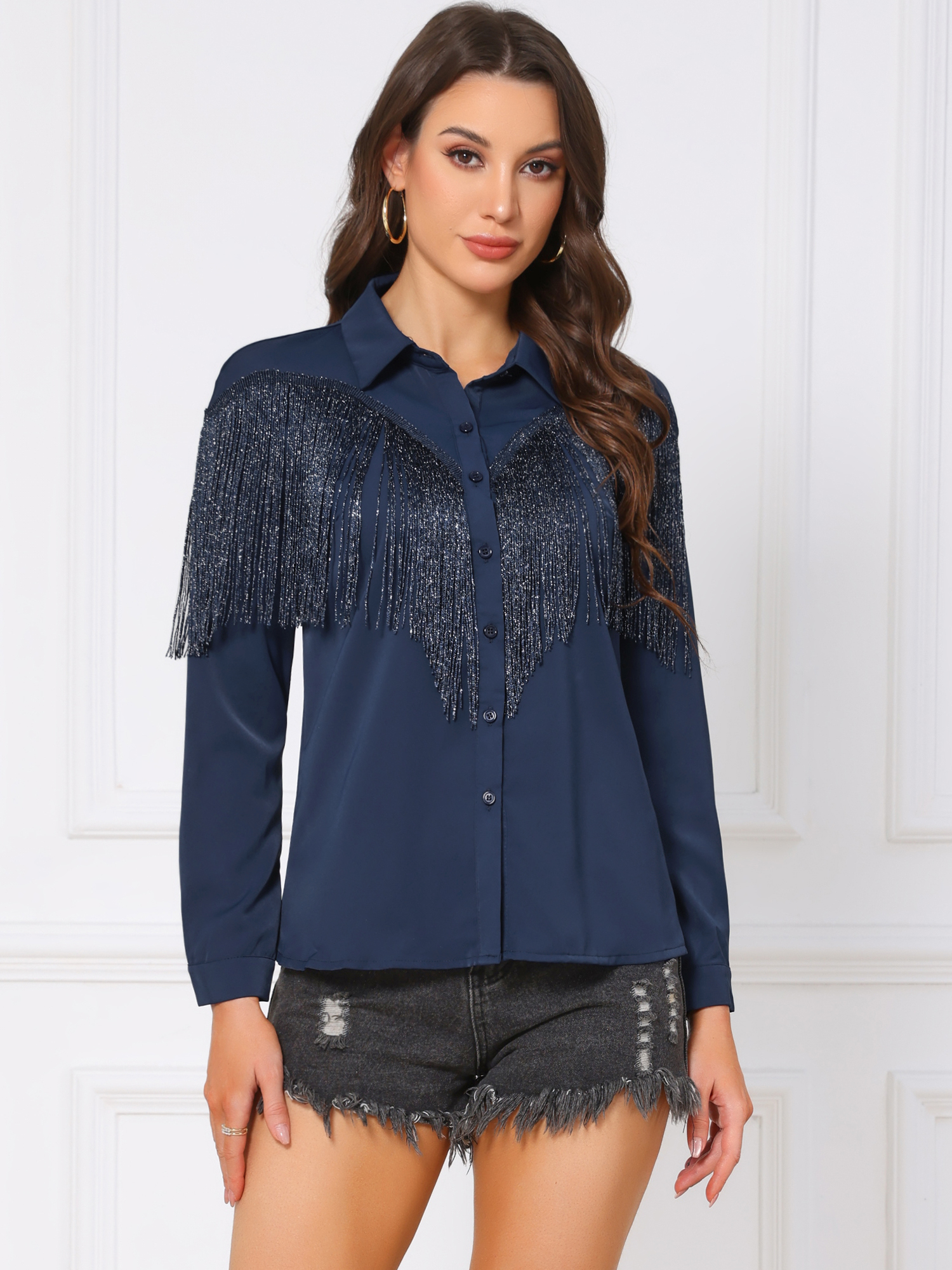 Glitter Fringe Long Sleeve Button Down Disco Party Cowgirl Blouse Dark Blue/M