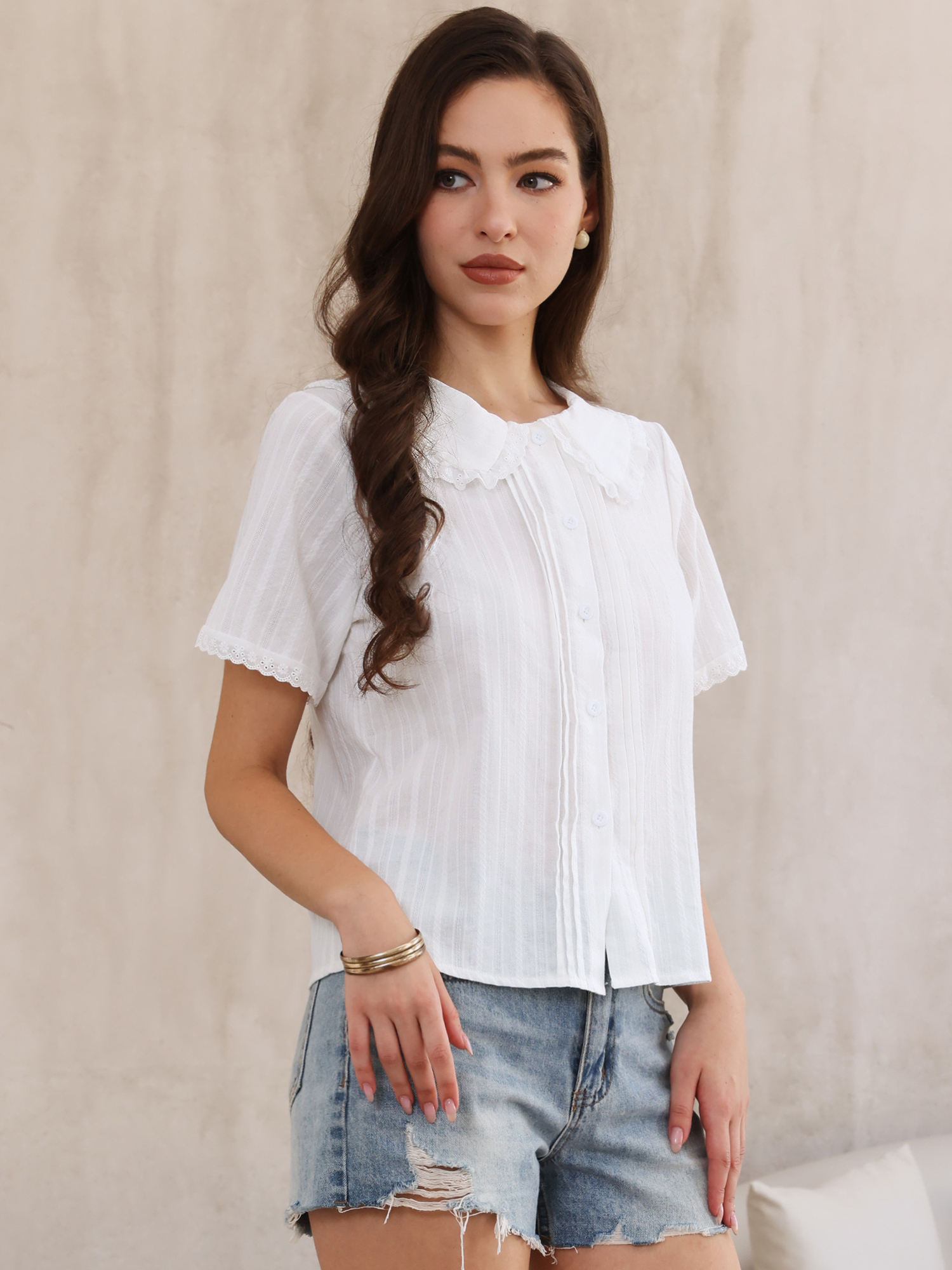 Short Sleeve Peter Pan Collar Button Down Cotton Blouse White/2XL