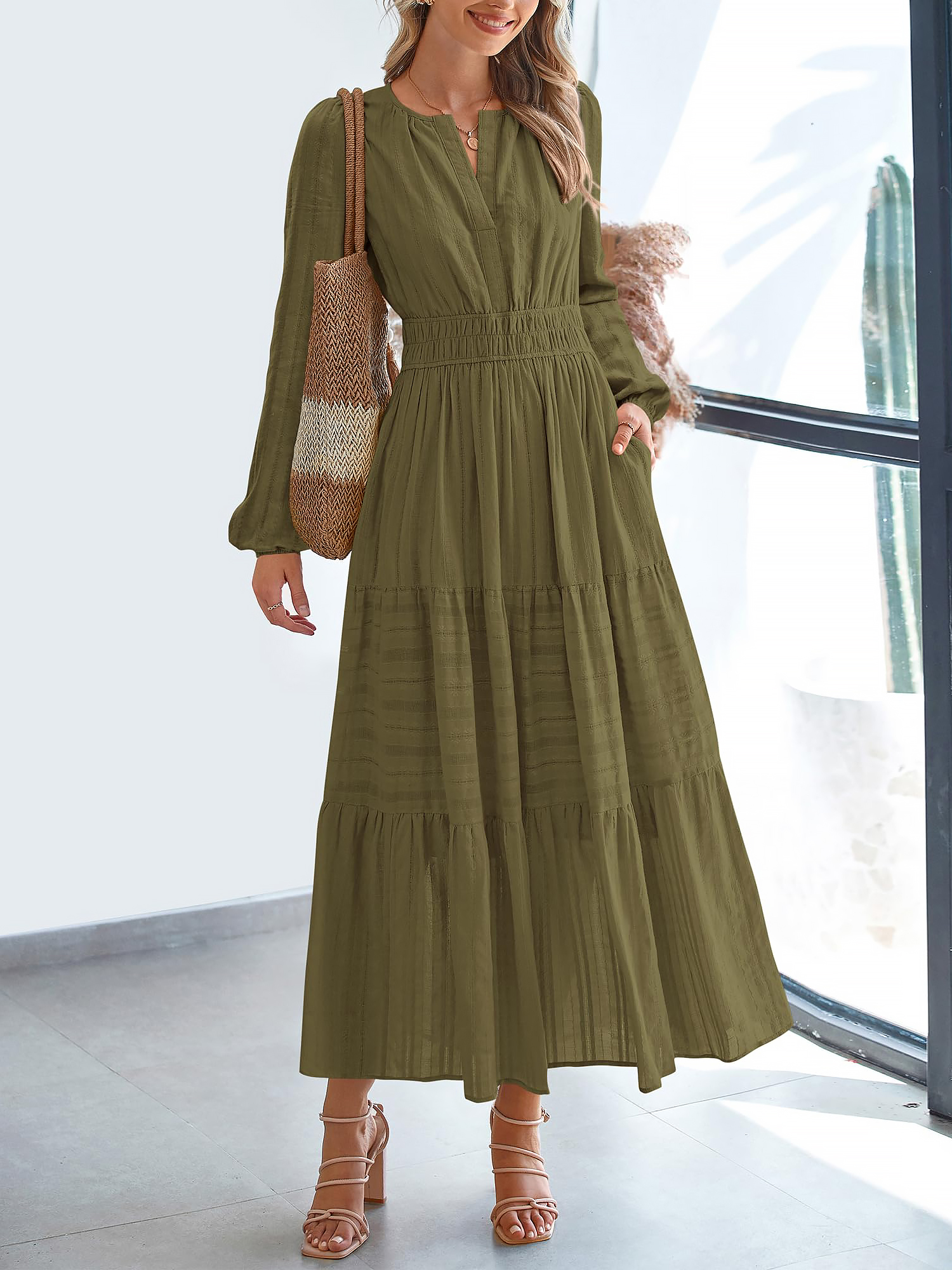 Notch Neck Puff Long Sleeves Pockets Tiered A-Line Midi Dress Army Green/2XL