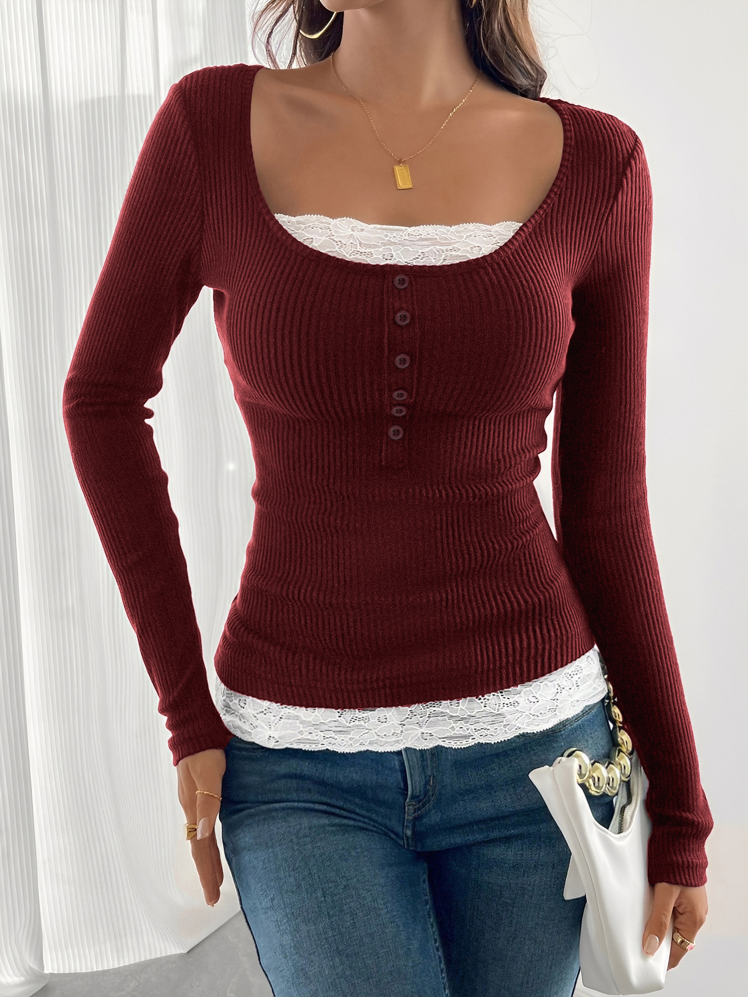 Colorblock Lace Patchwork Long Sleeves Blouse Burgundy/XS